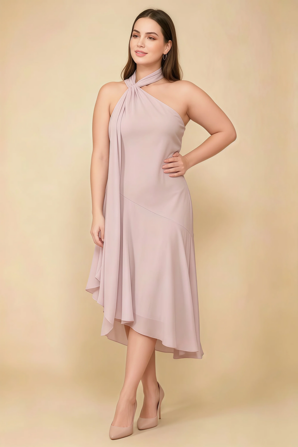 Alma Blush Chiffon One Shoulder Midi Dress with Scarf