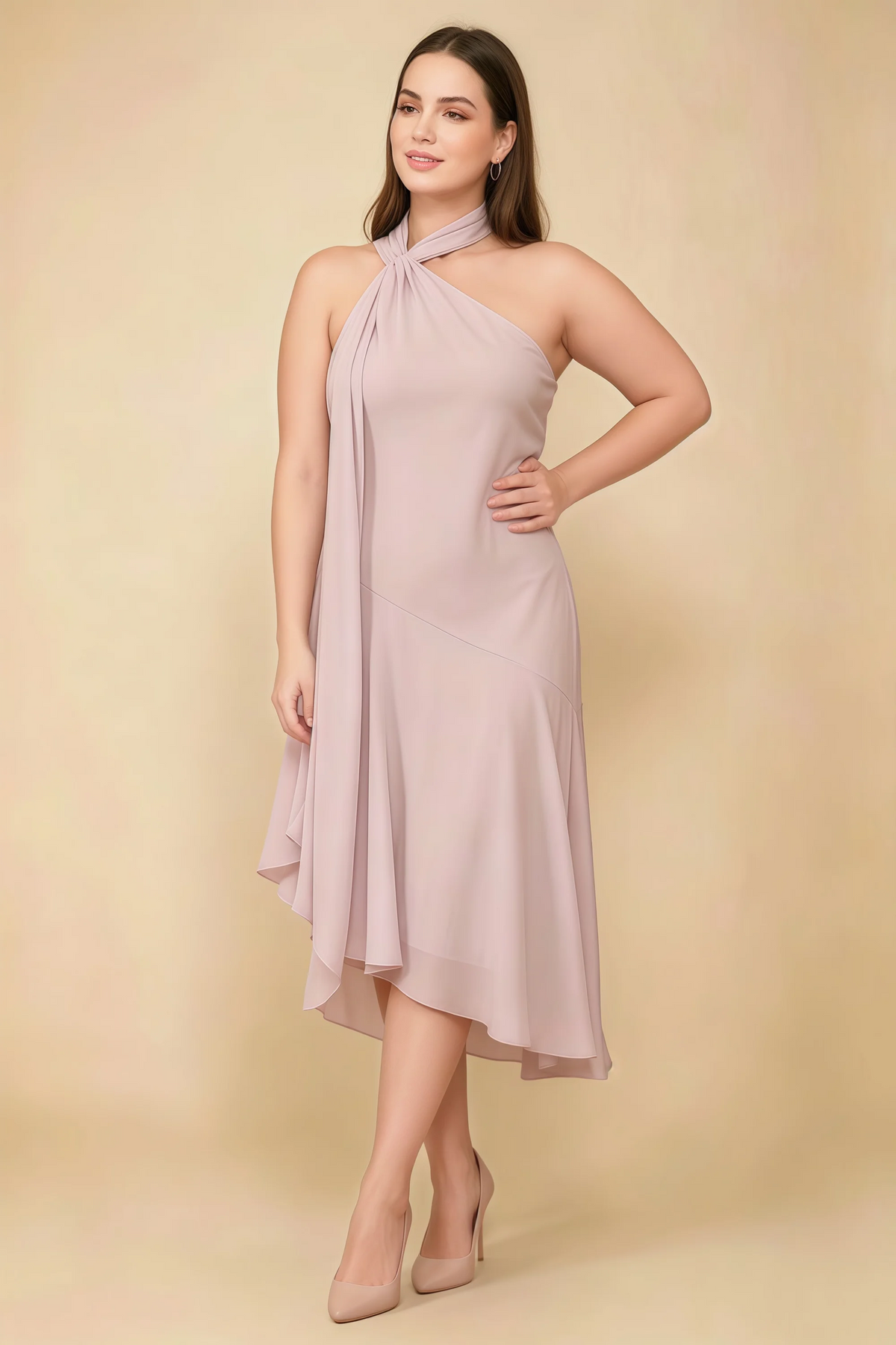 Alma Blush Chiffon One Shoulder Midi Dress with Scarf