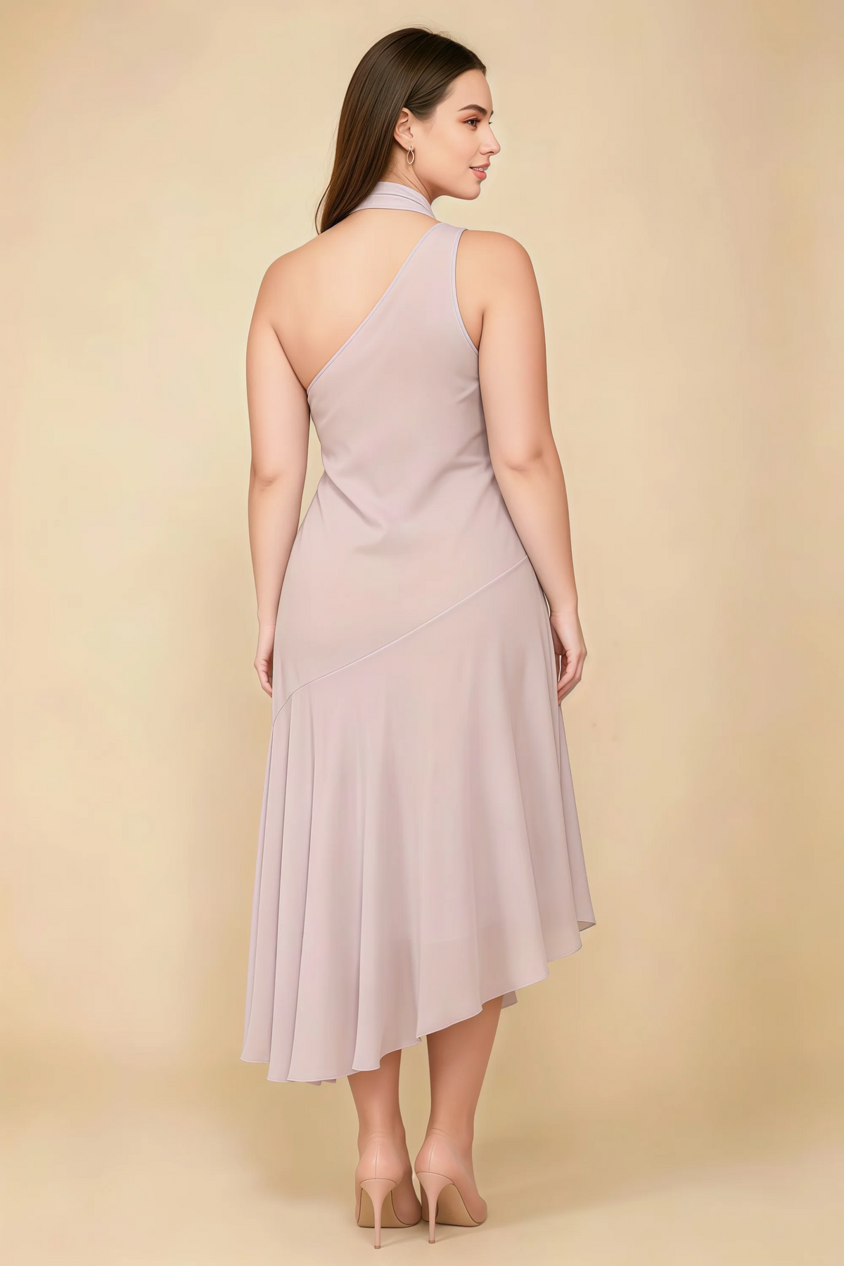 Alma Blush Chiffon One Shoulder Midi Dress with Scarf