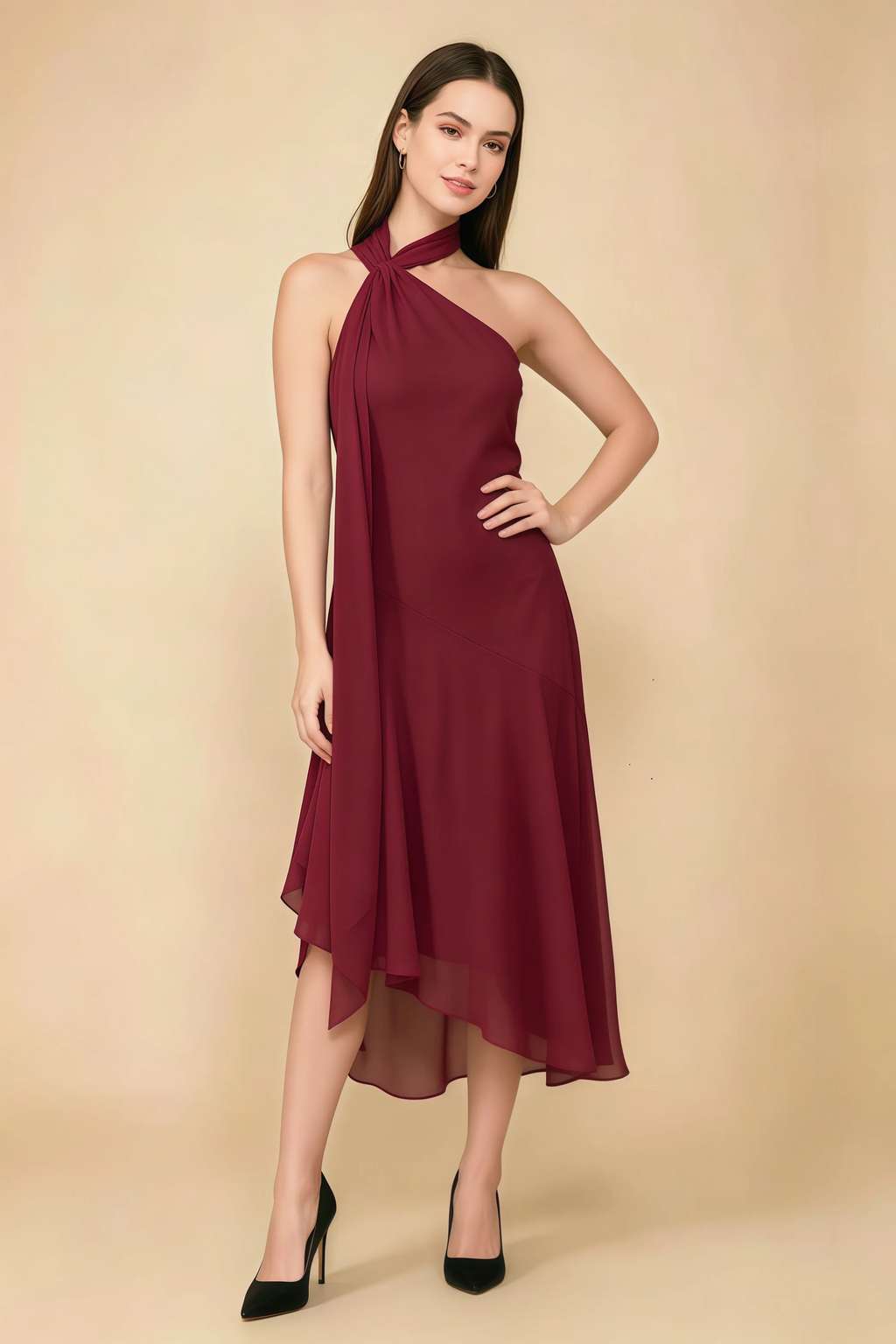 Alma Burgundy Chiffon One Shoulder Midi Dress with Scarf