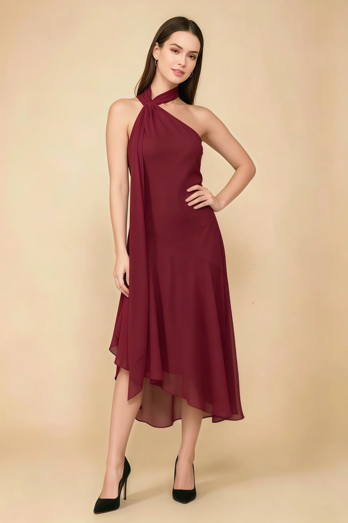 Alma Burgundy Chiffon One Shoulder Midi Dress with Scarf