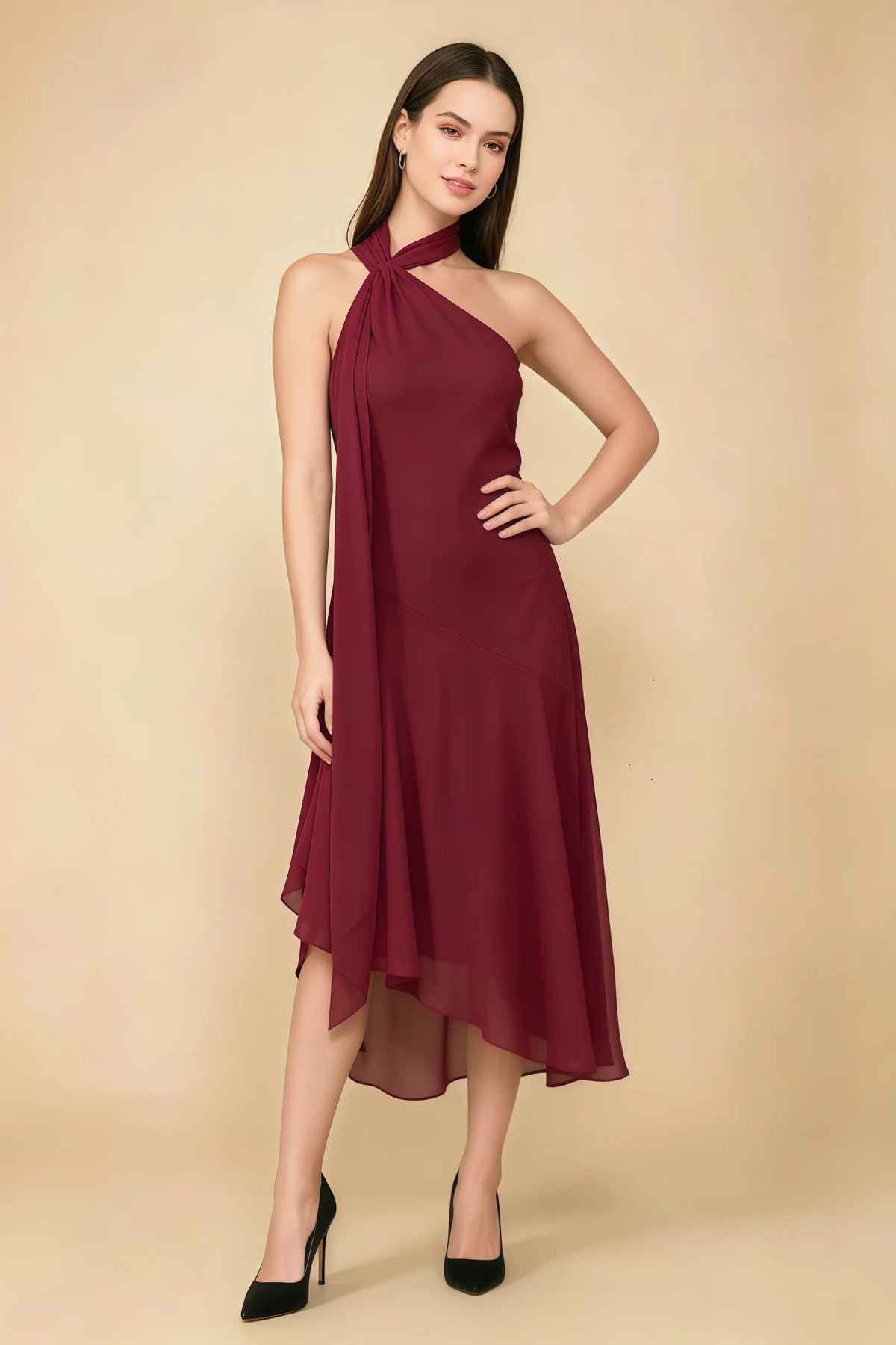 Alma Burgundy Chiffon One Shoulder Midi Dress with Scarf Imagen principal del producto