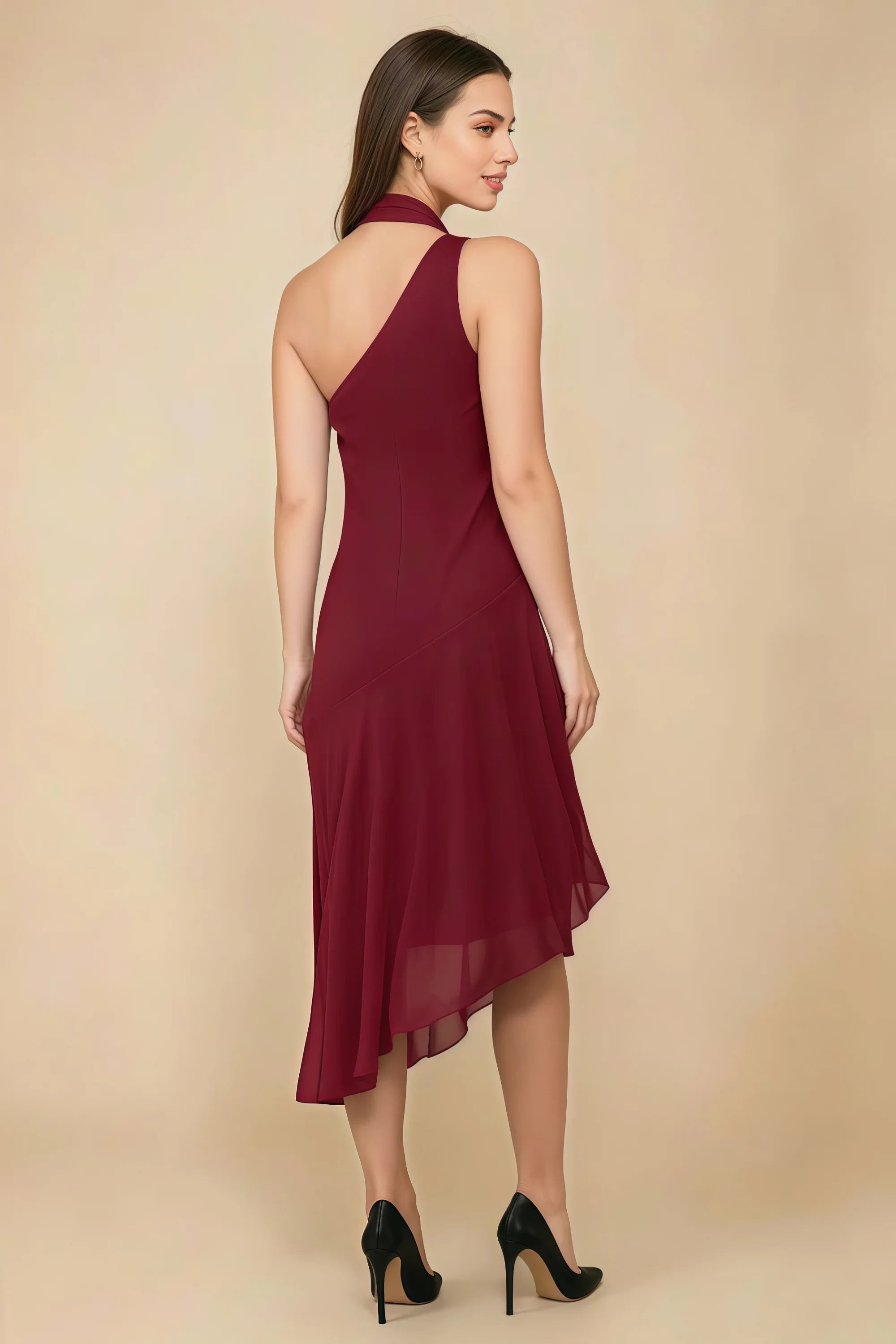 Alma Burgundy Chiffon One Shoulder Midi Dress with Scarf Imagen secundaria del producto
