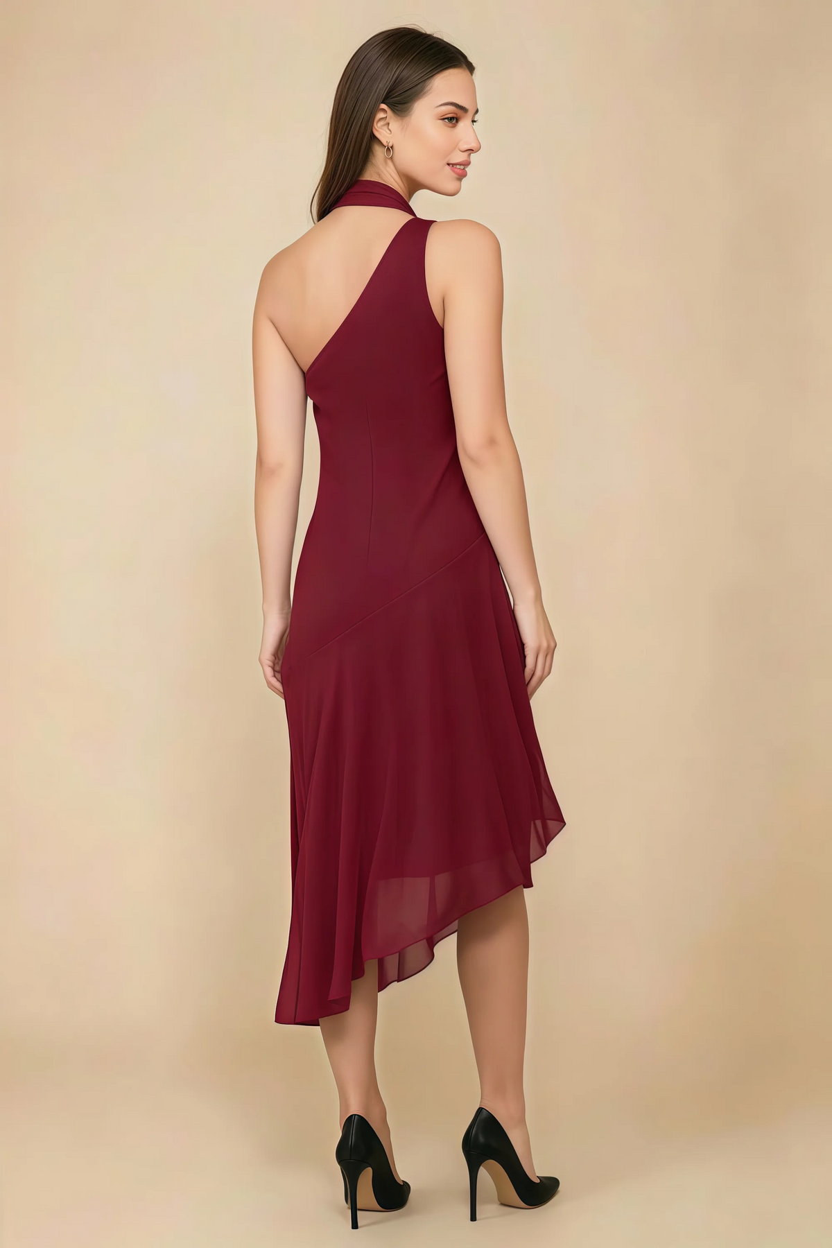 Alma Burgundy Chiffon One Shoulder Midi Dress with Scarf