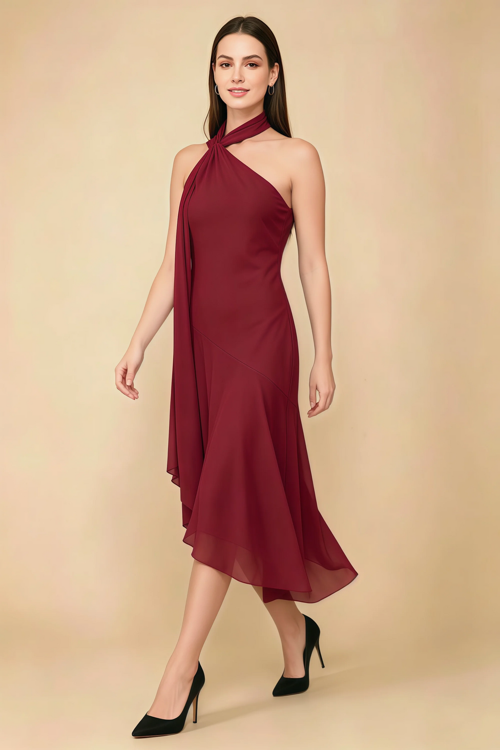 Alma Burgundy Chiffon One Shoulder Midi Dress with Scarf