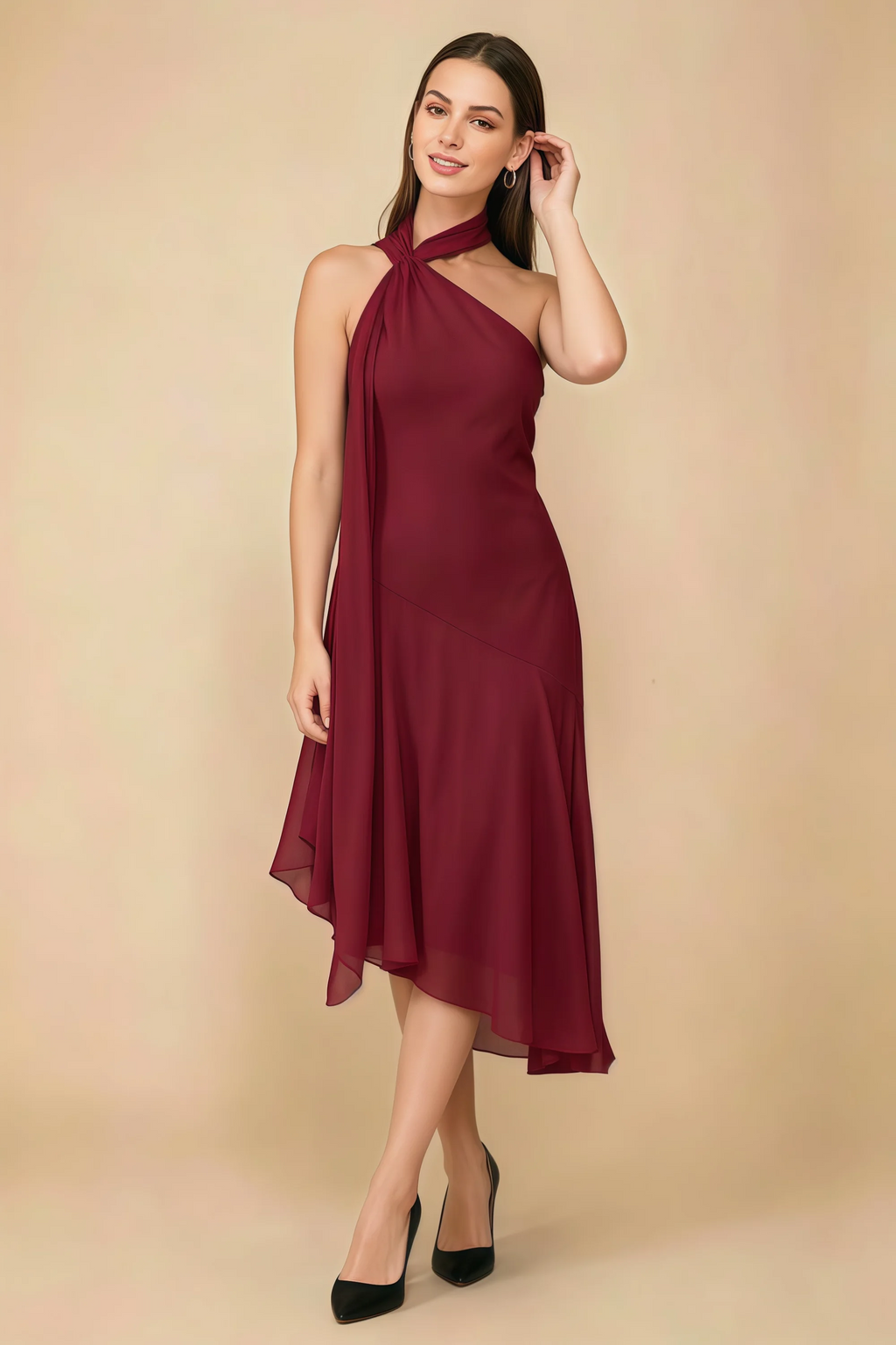 Alma Burgundy Chiffon One Shoulder Midi Dress with Scarf