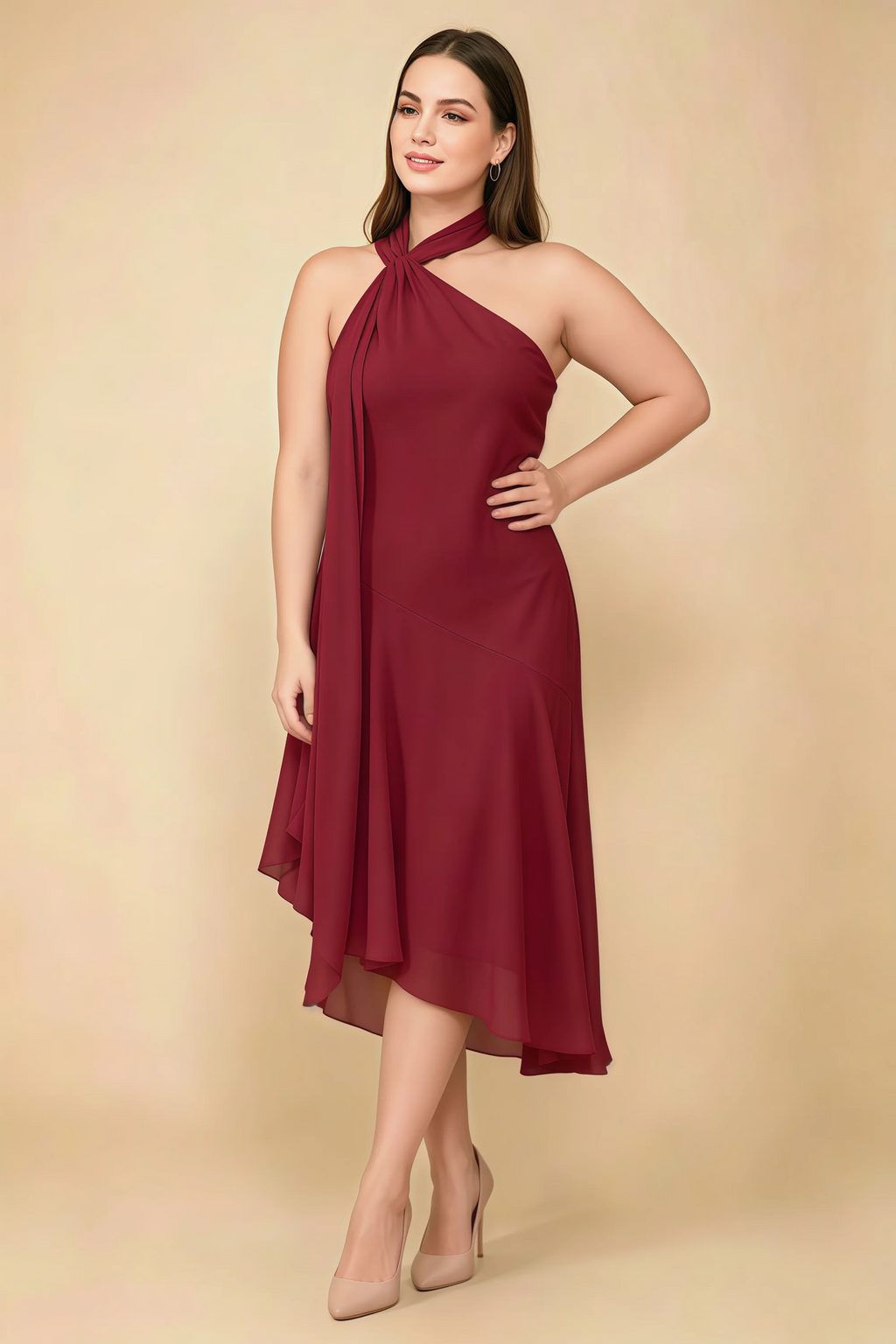 Alma Burgundy Chiffon One Shoulder Midi Dress with Scarf