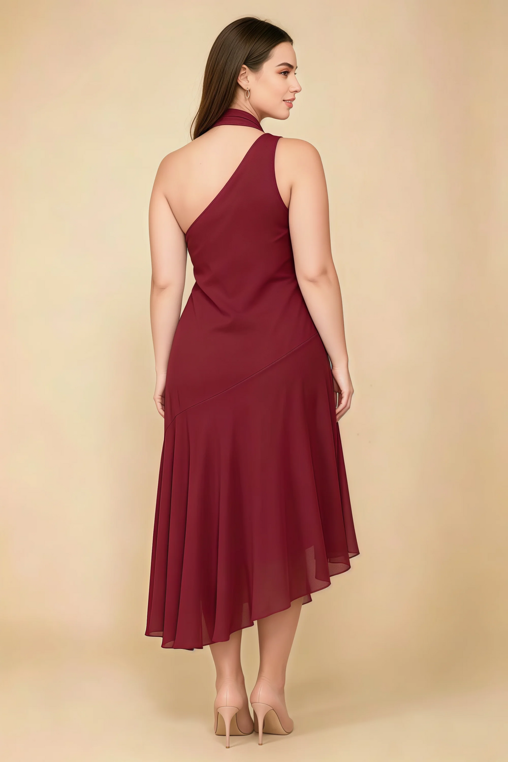 Alma Burgundy Chiffon One Shoulder Midi Dress with Scarf