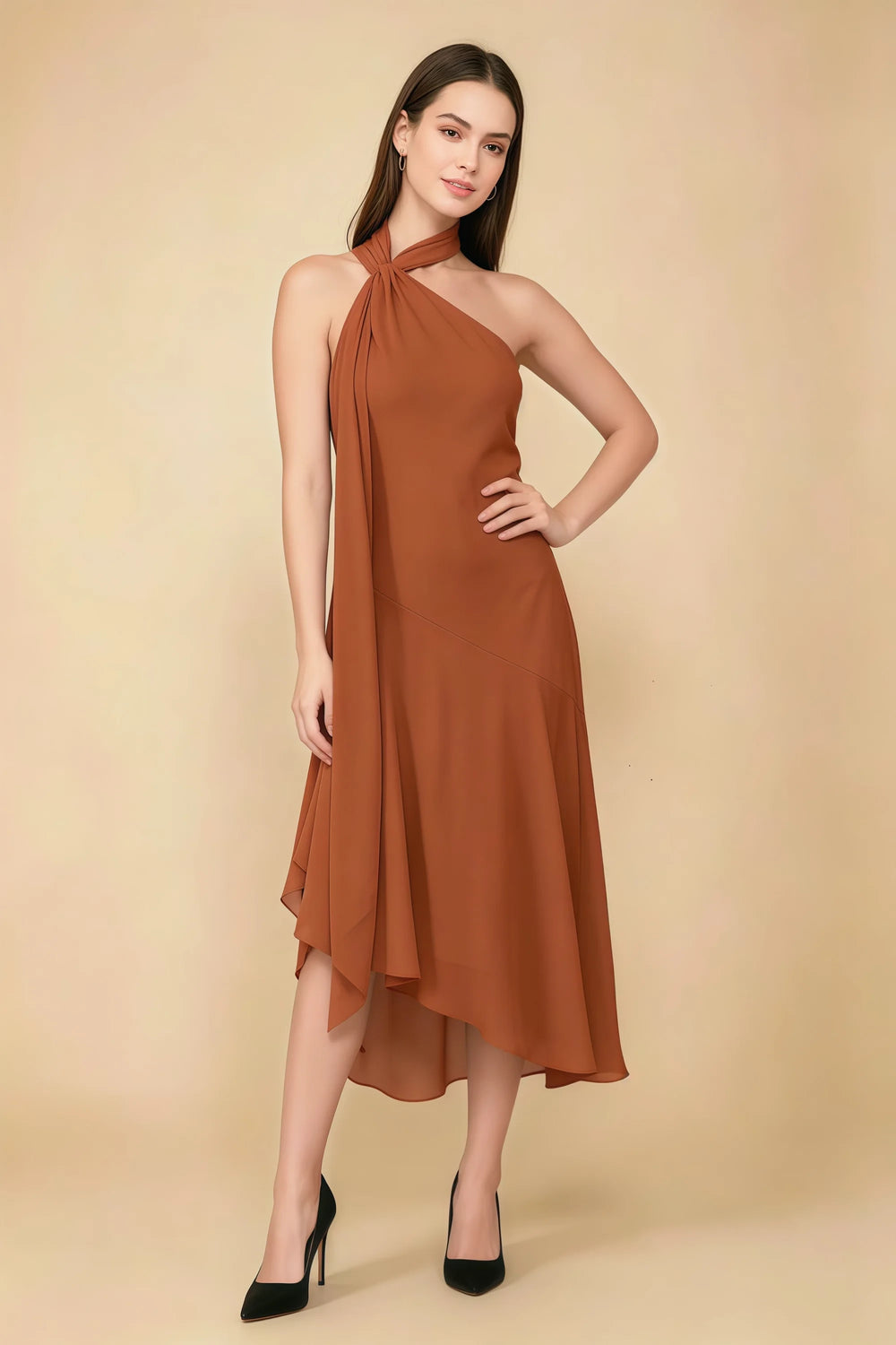 Translation missing: en.Front view of the LVLVS Alma burnt orange midi dress, showing the asymmetric neckline, draped neck scarf and flowing uneven hem. content.product_image_main