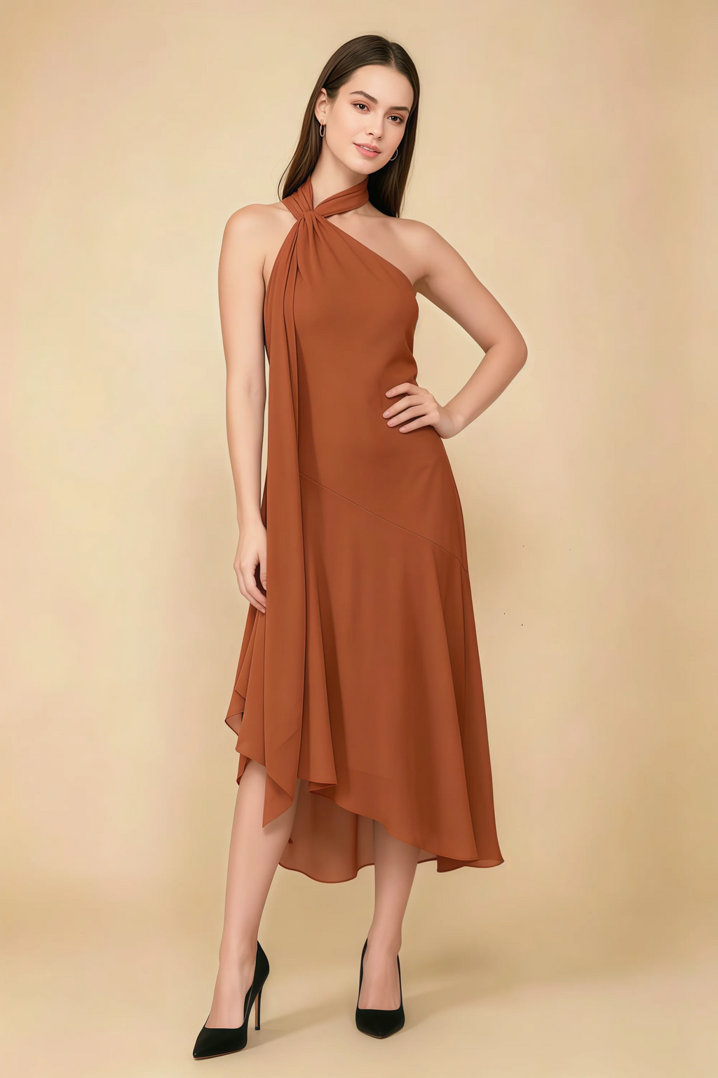 Alma Burnt Orange Chiffon One Shoulder Midi Dress with Scarf