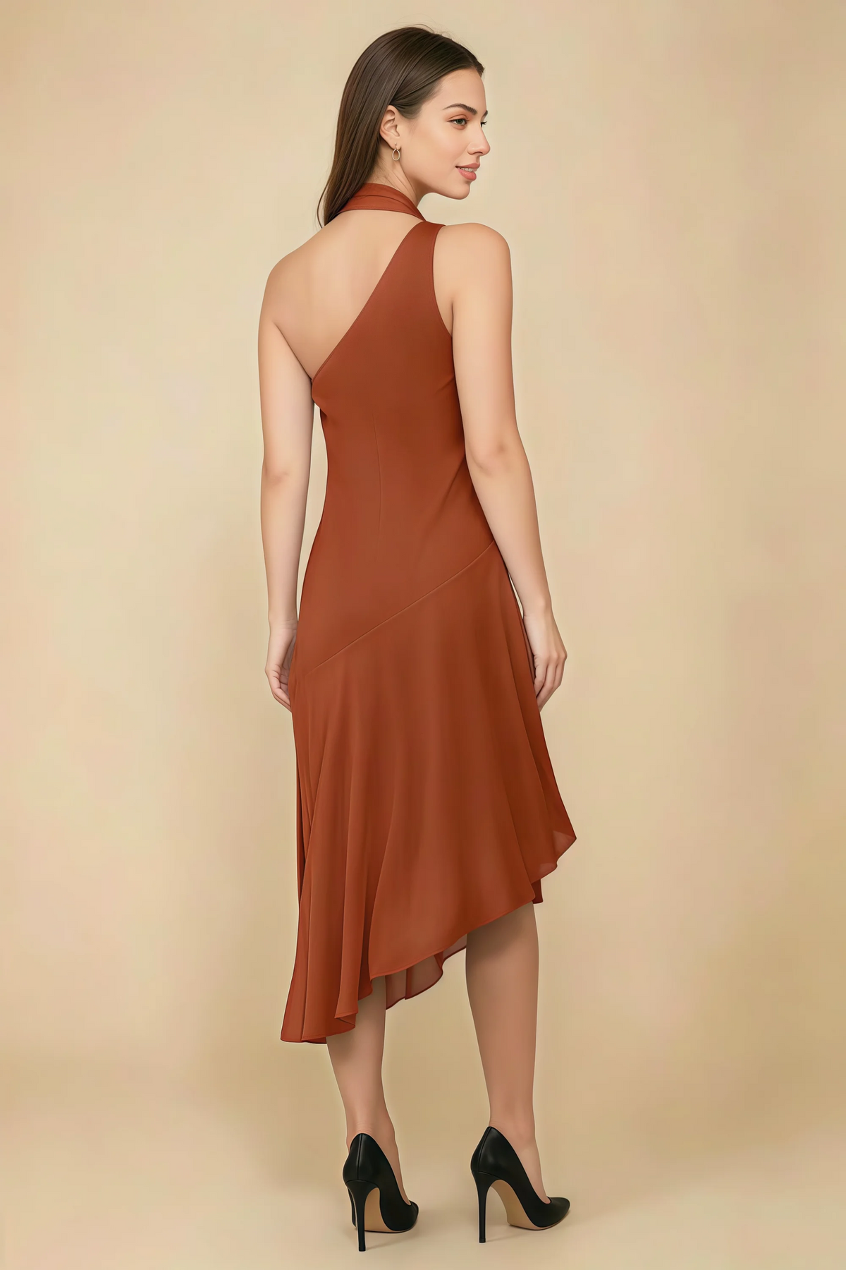 Alma Burnt Orange Chiffon One Shoulder Midi Dress with Scarf
