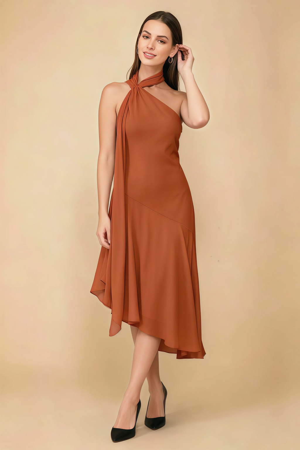 Alma Burnt Orange Chiffon One Shoulder Midi Dress with Scarf
