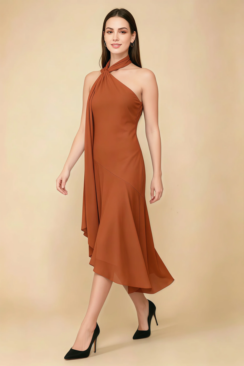 Alma Burnt Orange Chiffon One Shoulder Midi Dress with Scarf