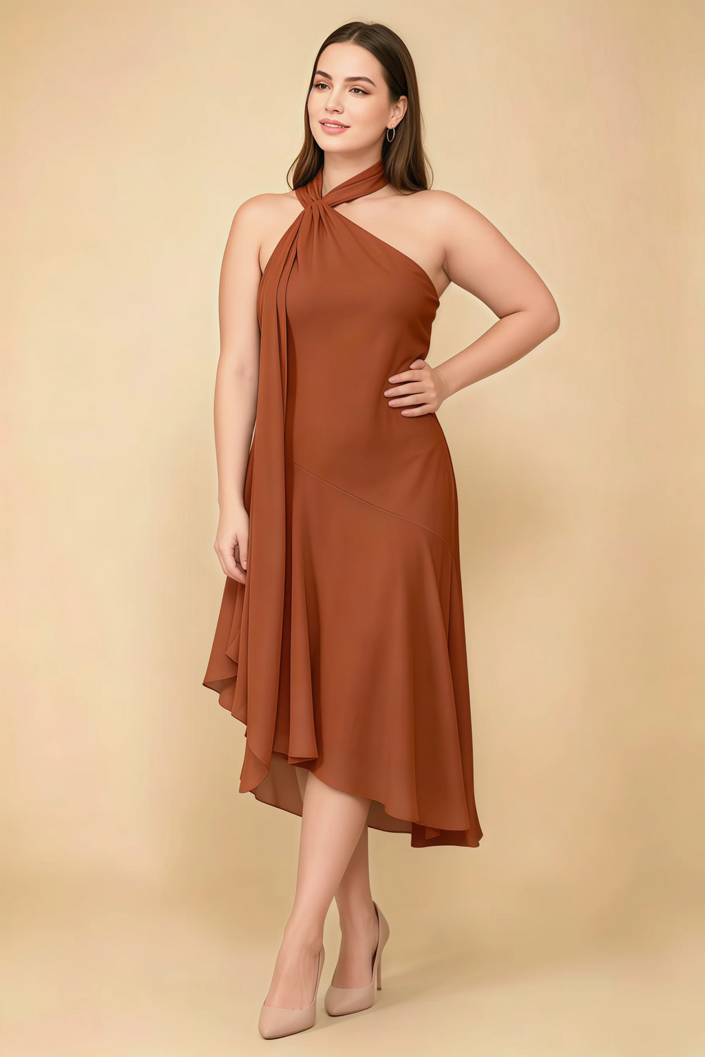 Alma Burnt Orange Chiffon One Shoulder Midi Dress with Scarf