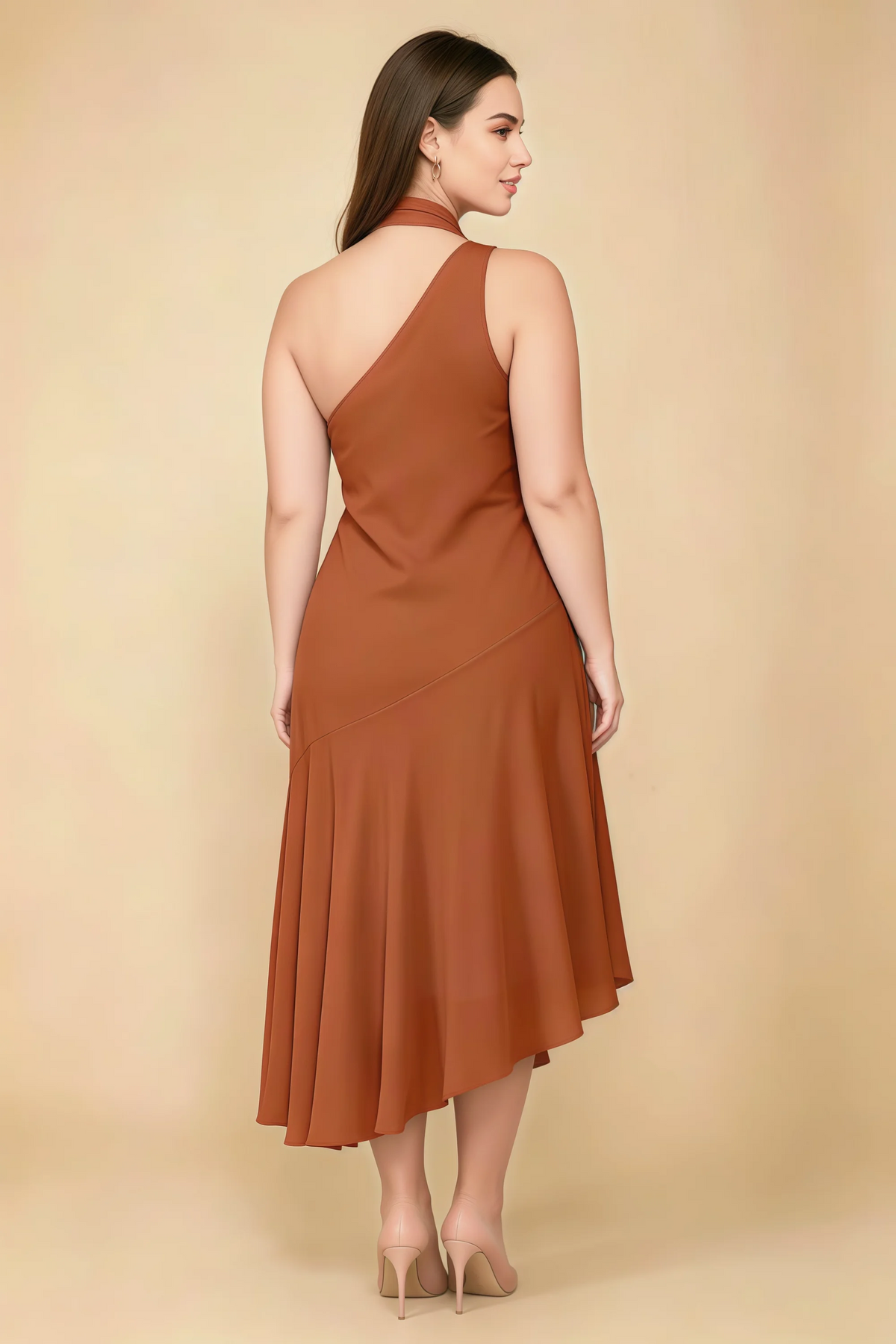 Alma Burnt Orange Chiffon One Shoulder Midi Dress with Scarf