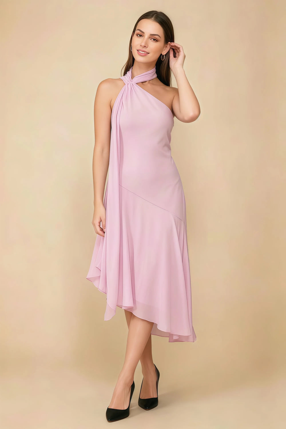 Translation missing: en.Front view of the LVLVS Alma candy pink midi dress, showing the asymmetric neckline, draped neck scarf and flowing uneven hem. content.product_image_main