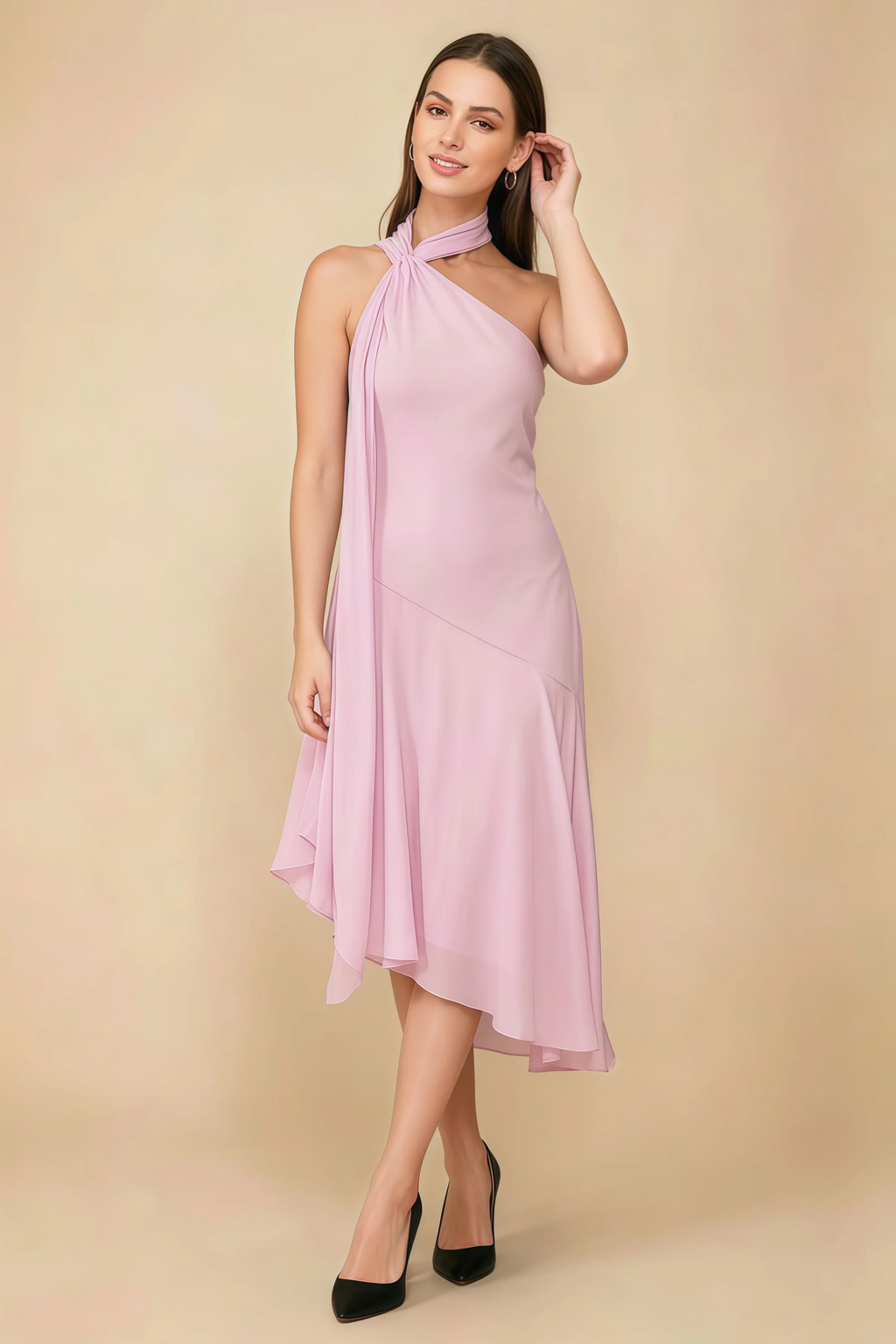 Alma Candy Pink Chiffon One Shoulder Midi Dress with Scarf