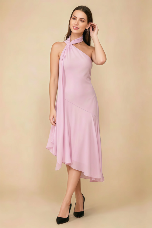 Alma Candy Pink Chiffon One Shoulder Midi Dress with Scarf