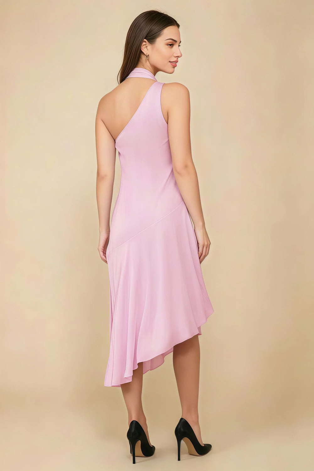 Translation missing: en.Rear three-quarter view of the LVLVS Alma candy pink midi dress, showing the diagonal back neckline and asymmetric midi skirt. content.product_image_secondary
