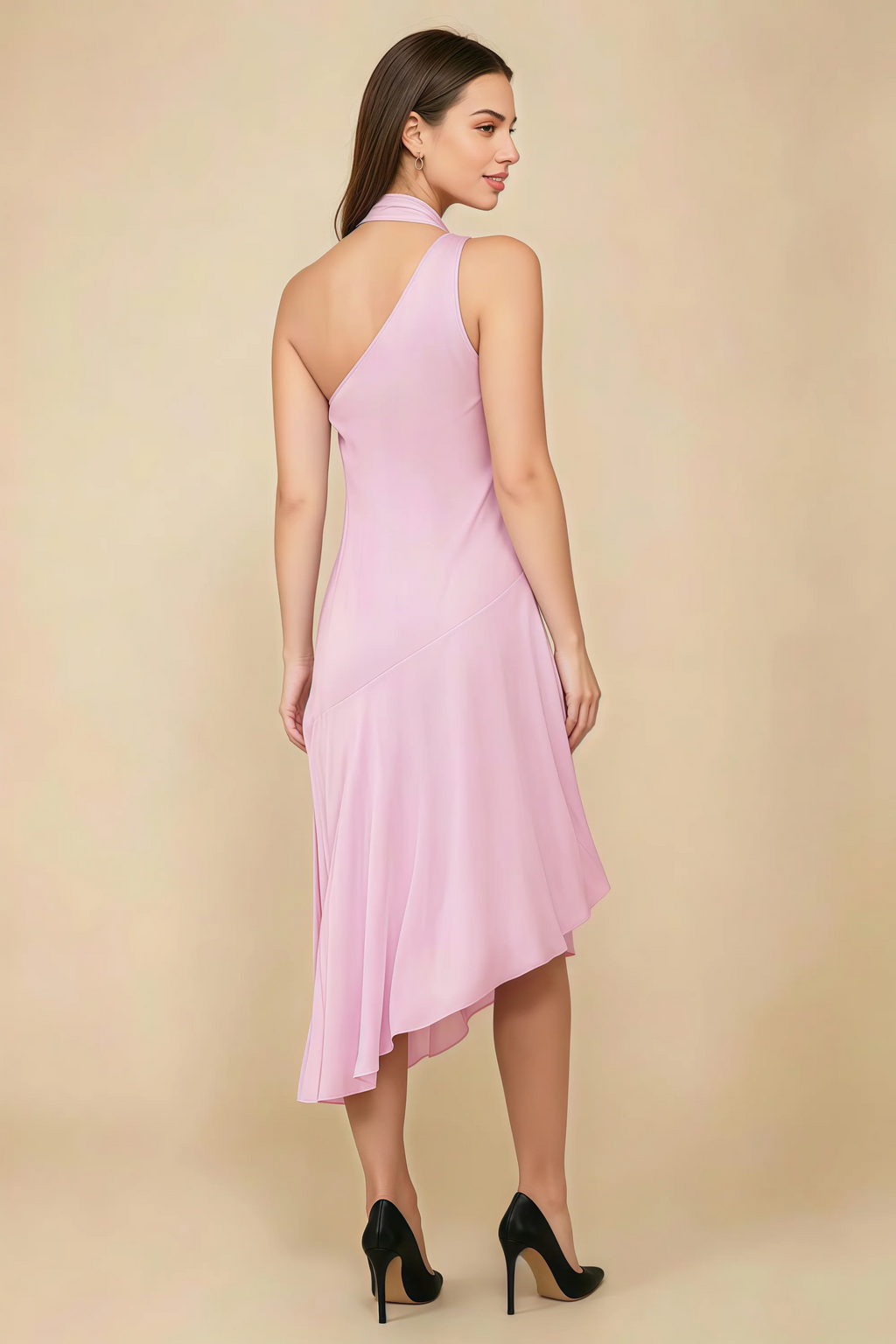 Alma Candy Pink Chiffon One Shoulder Midi Dress with Scarf
