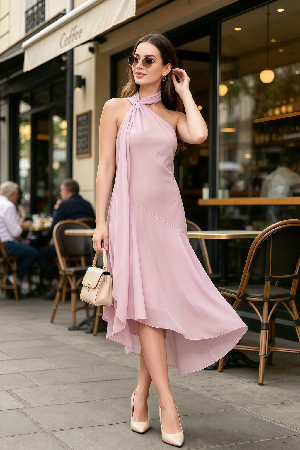 Alma Candy Pink Chiffon One Shoulder Midi Dress with Scarf