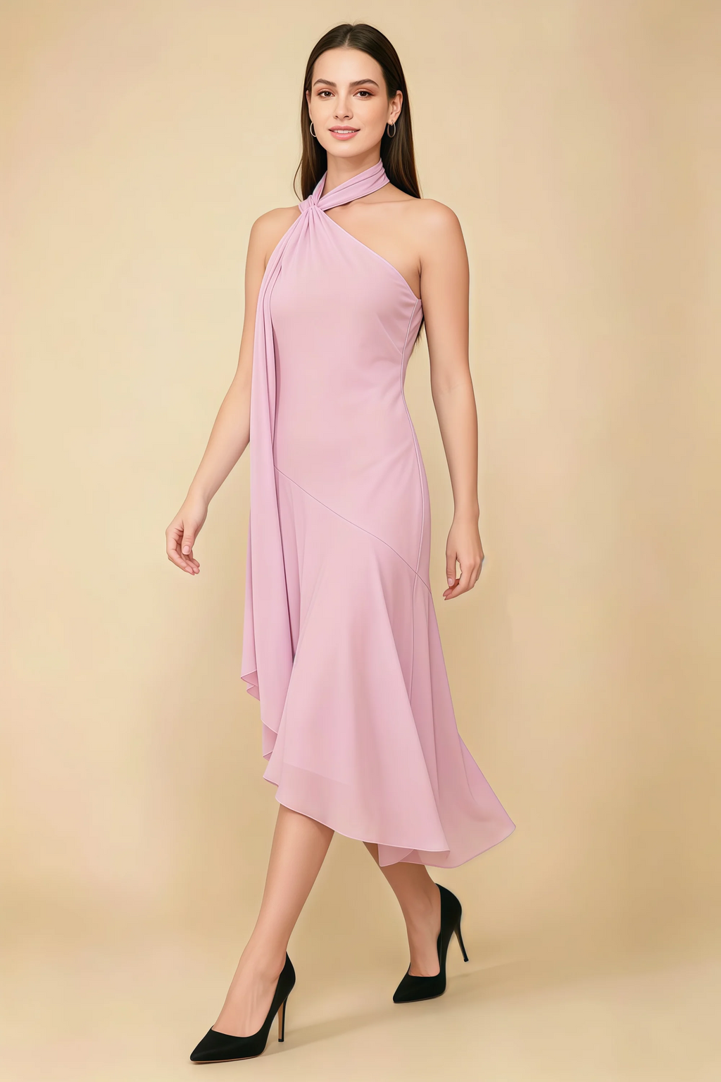 Alma Candy Pink Chiffon One Shoulder Midi Dress with Scarf