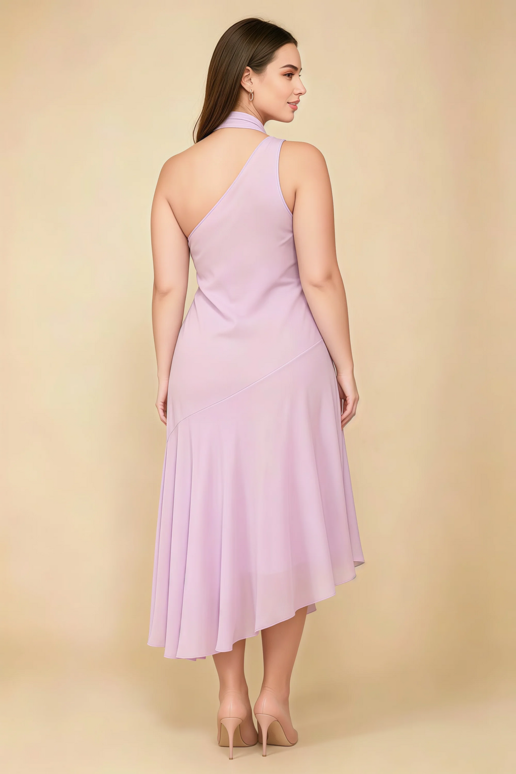 Alma Candy Pink Chiffon One Shoulder Midi Dress with Scarf