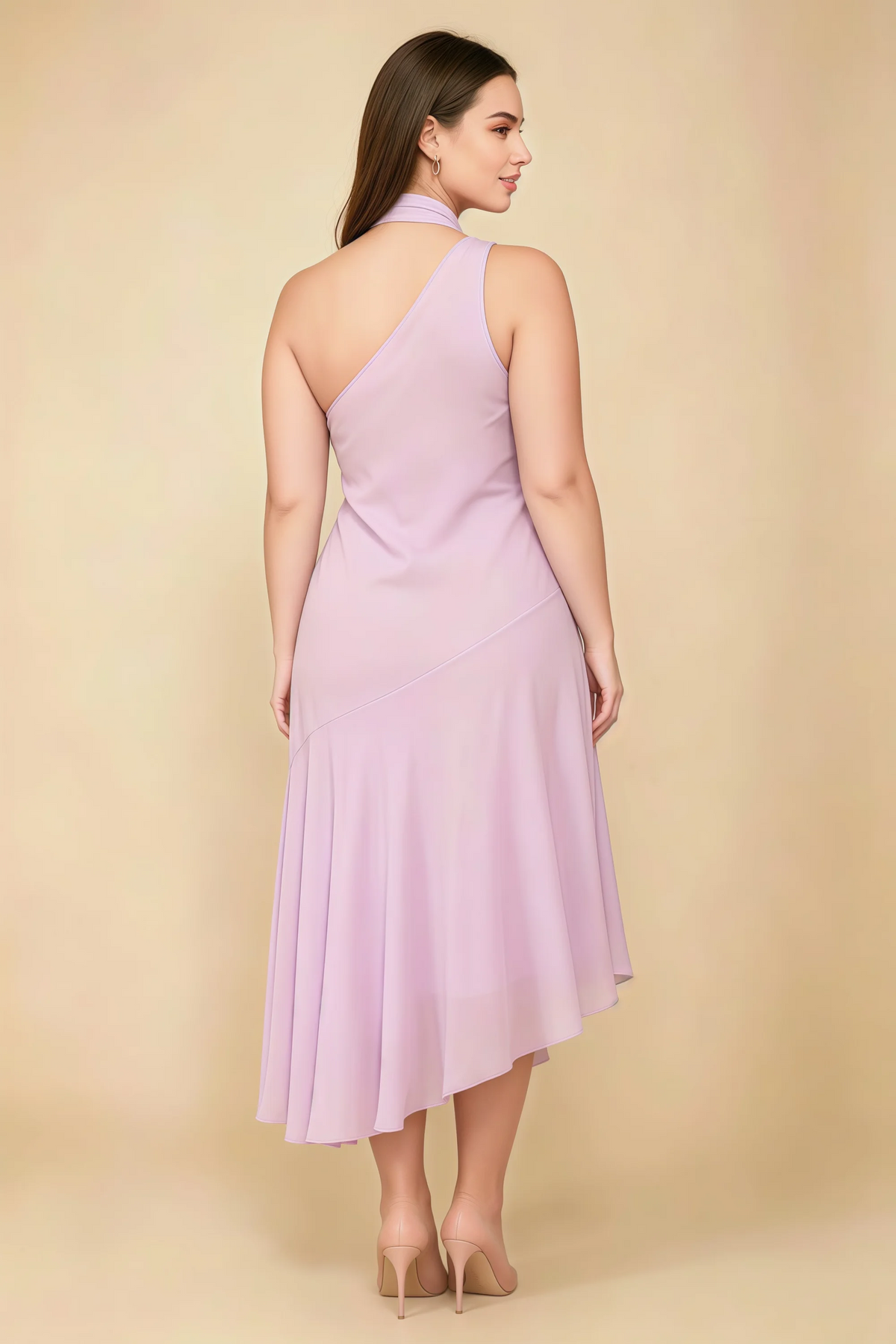 Alma Candy Pink Chiffon One Shoulder Midi Dress with Scarf