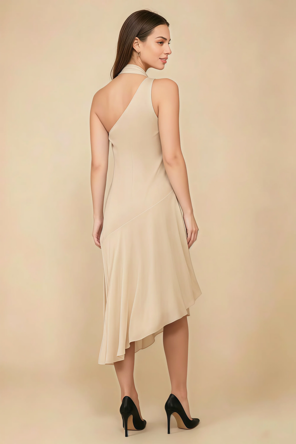 Alma Champagne Chiffon One Shoulder Midi Dress with Scarf
