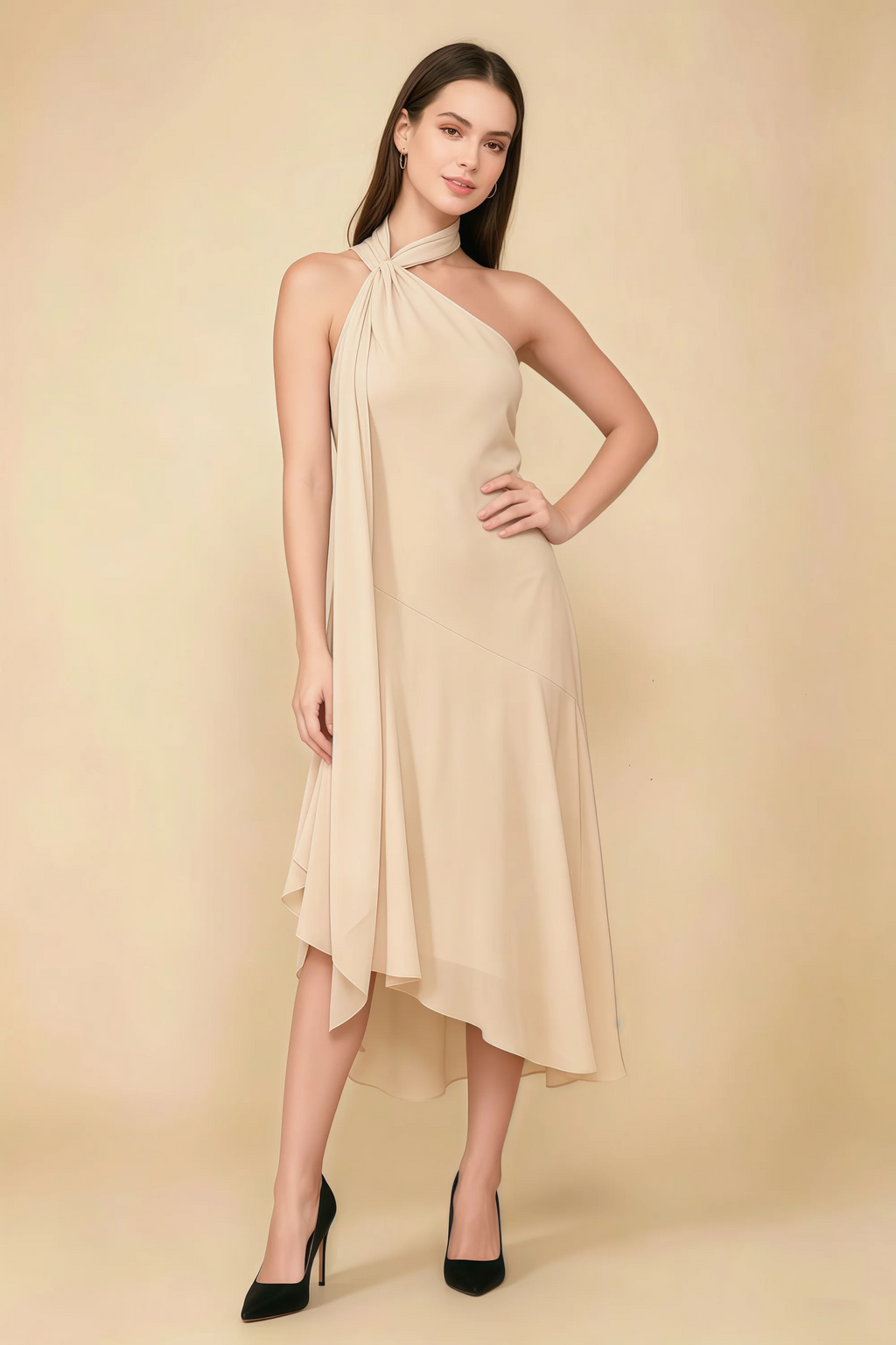 Alma Champagne Chiffon One Shoulder Midi Dress with Scarf