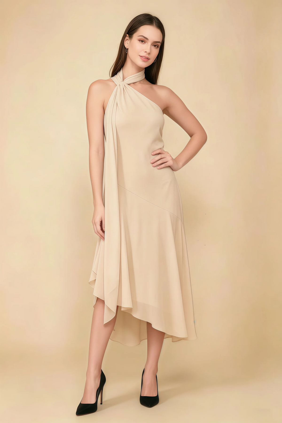 Alma Champagne Chiffon One Shoulder Midi Dress with Scarf