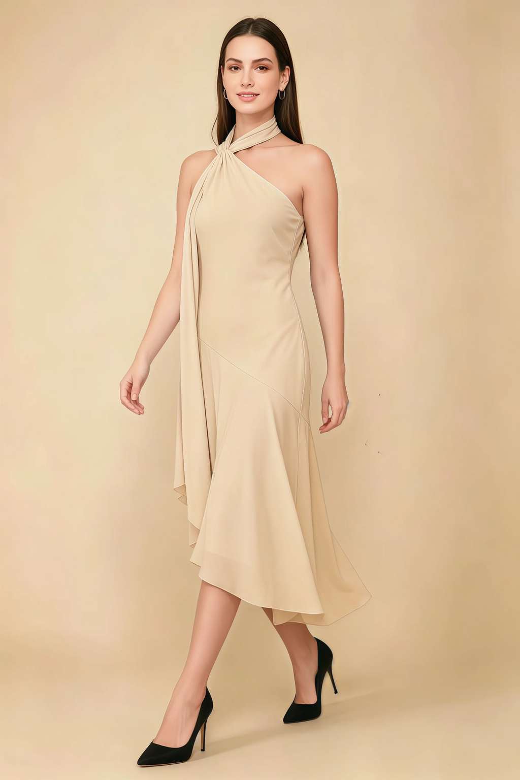 Alma Champagne Chiffon One Shoulder Midi Dress with Scarf