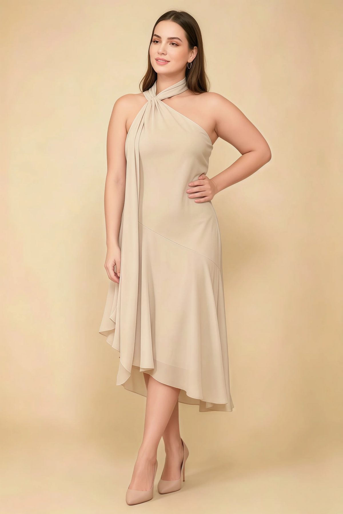 Alma Champagne Chiffon One Shoulder Midi Dress with Scarf