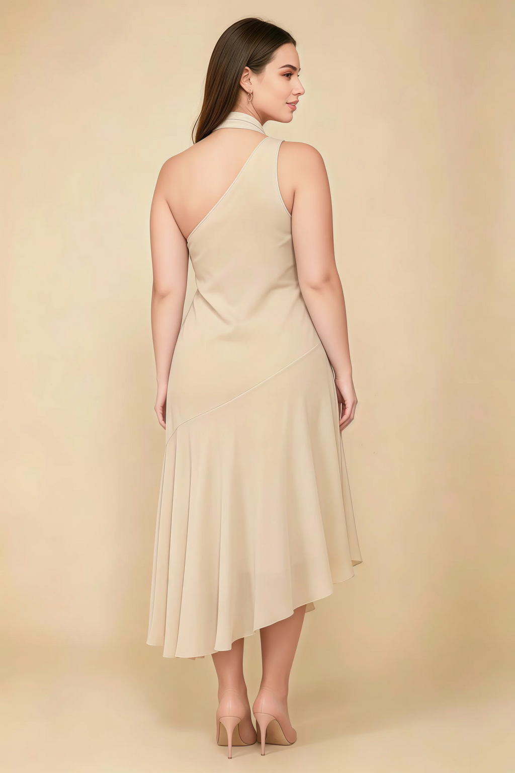 Alma Champagne Chiffon One Shoulder Midi Dress with Scarf