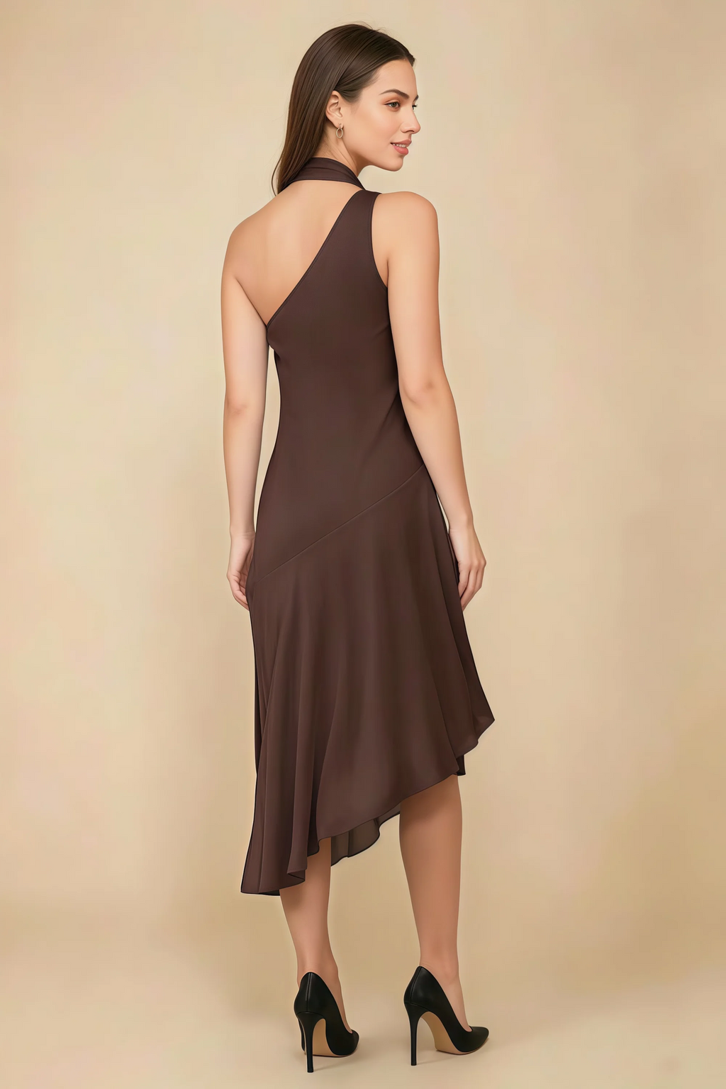 Alma Chocolate Chiffon One Shoulder Midi Dress with Scarf