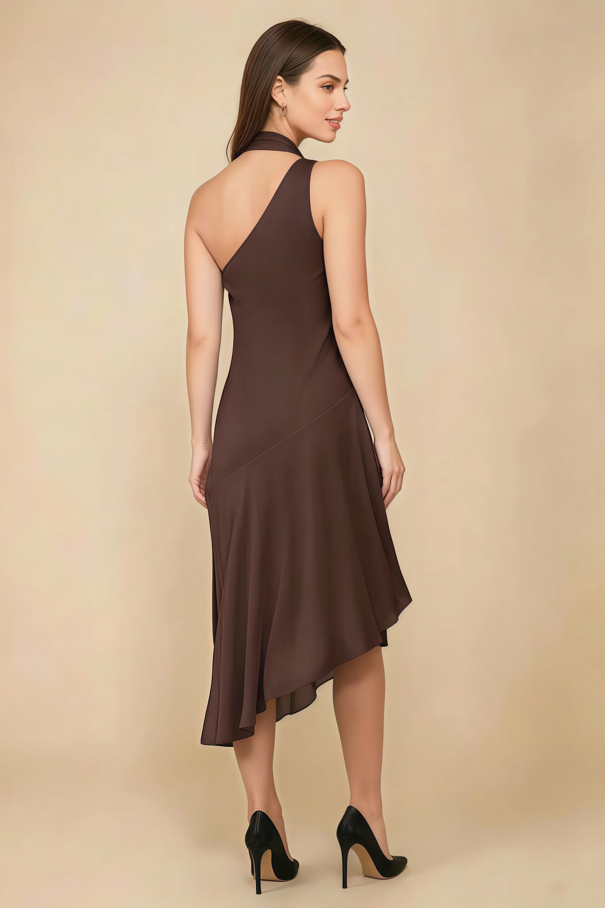 Alma Chocolate Chiffon One Shoulder Midi Dress with Scarf