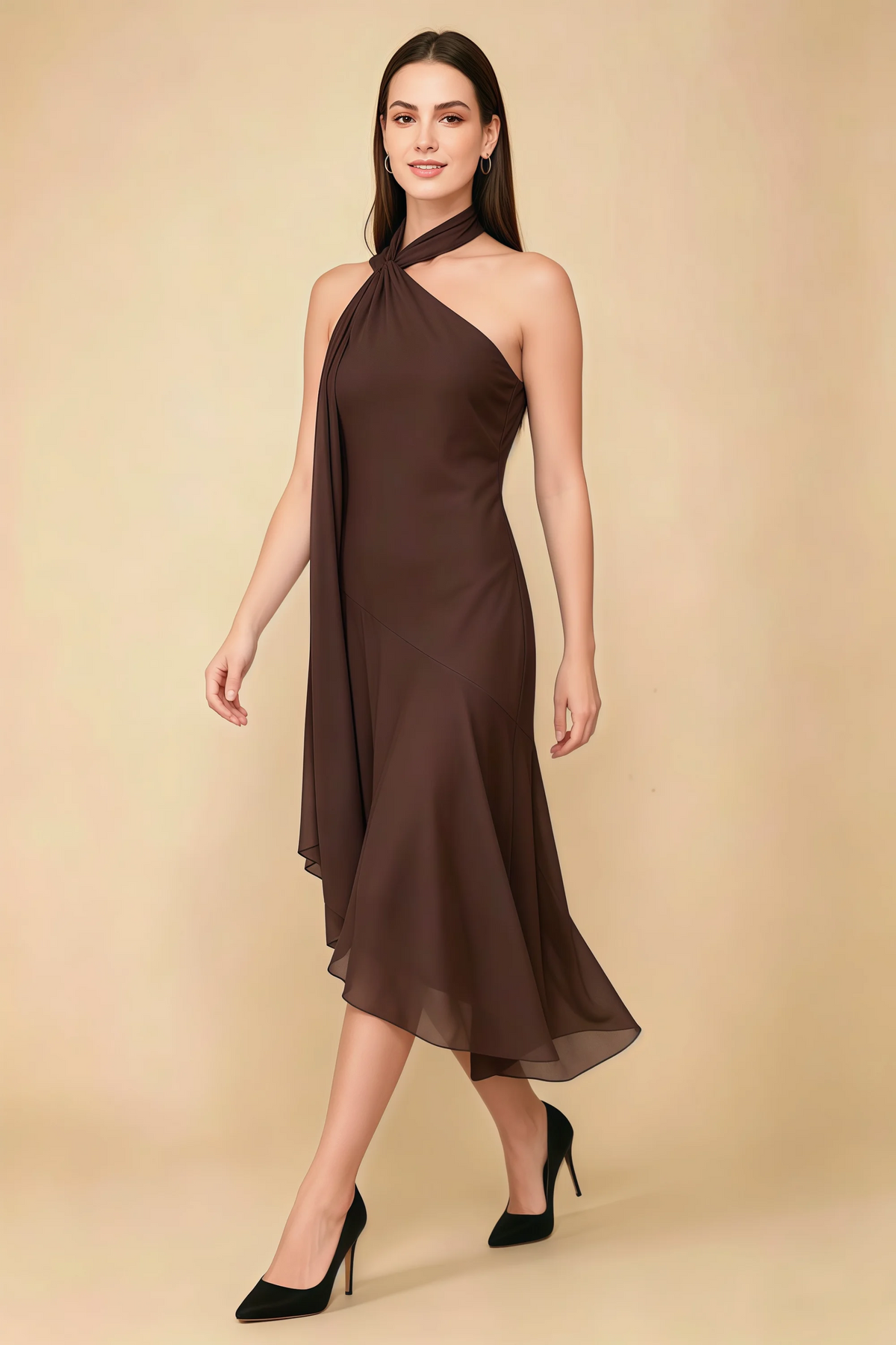 Alma Chocolate Chiffon One Shoulder Midi Dress with Scarf
