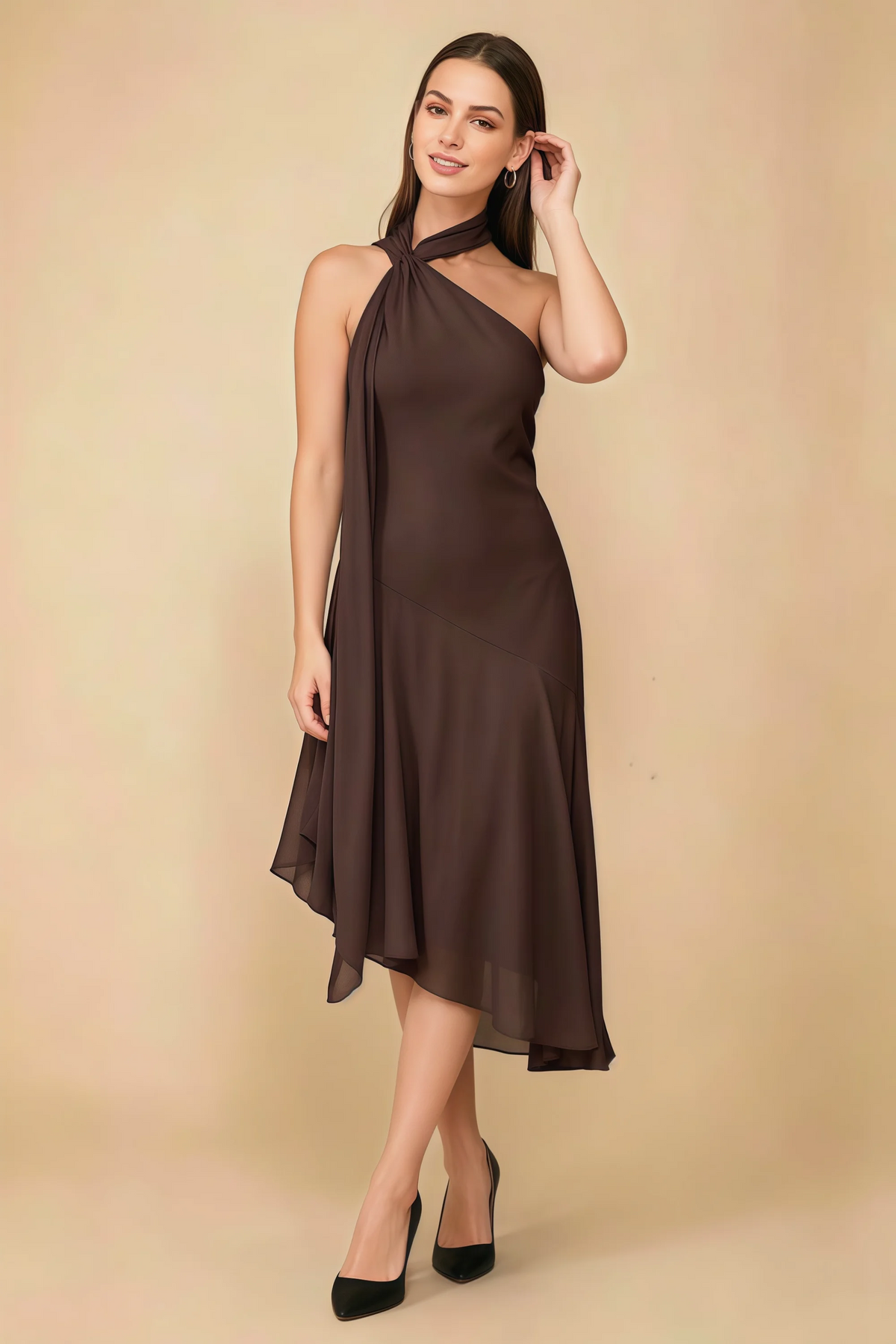 Alma Chocolate Chiffon One Shoulder Midi Dress with Scarf