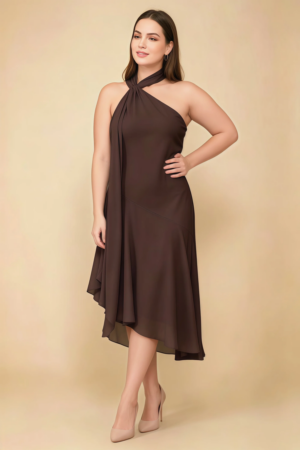Alma Chocolate Chiffon One Shoulder Midi Dress with Scarf
