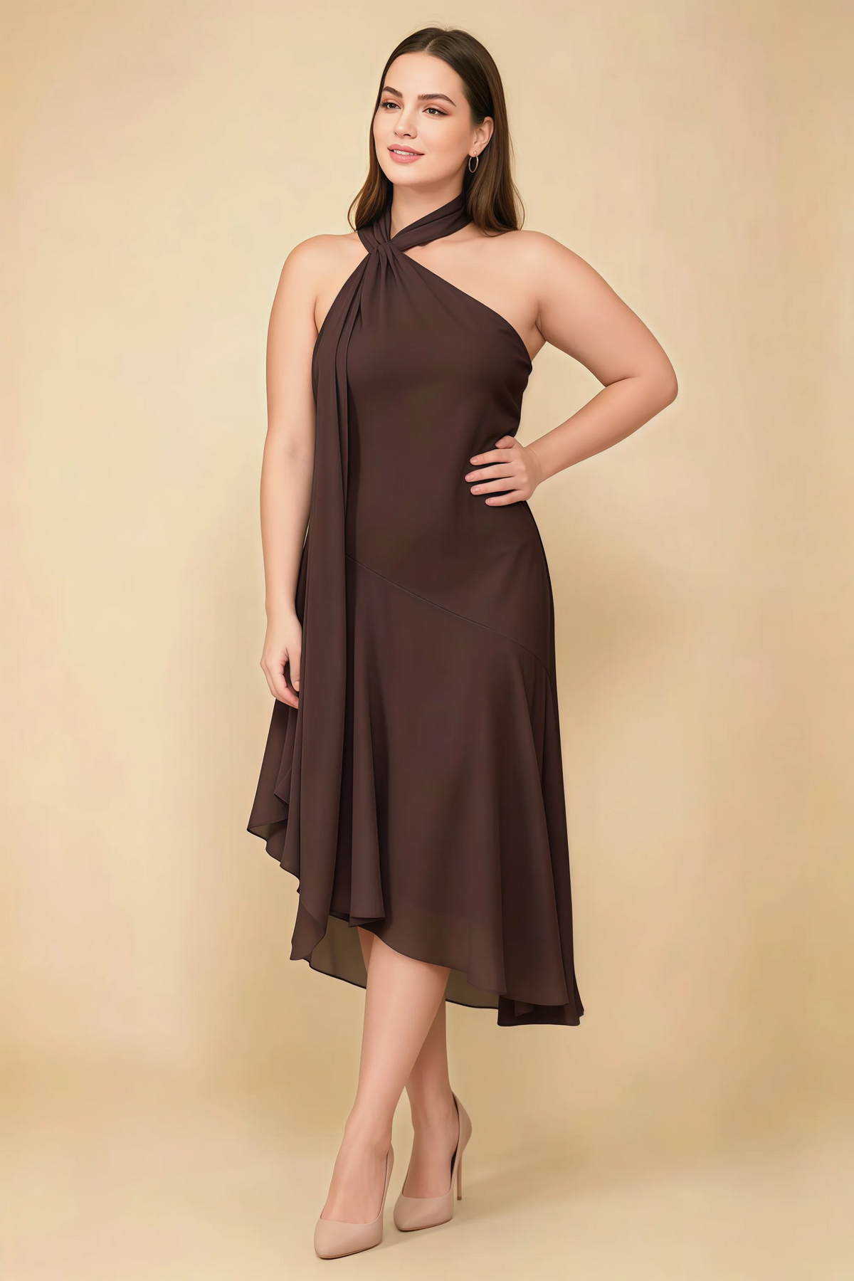 Alma Chocolate Chiffon One Shoulder Midi Dress with Scarf