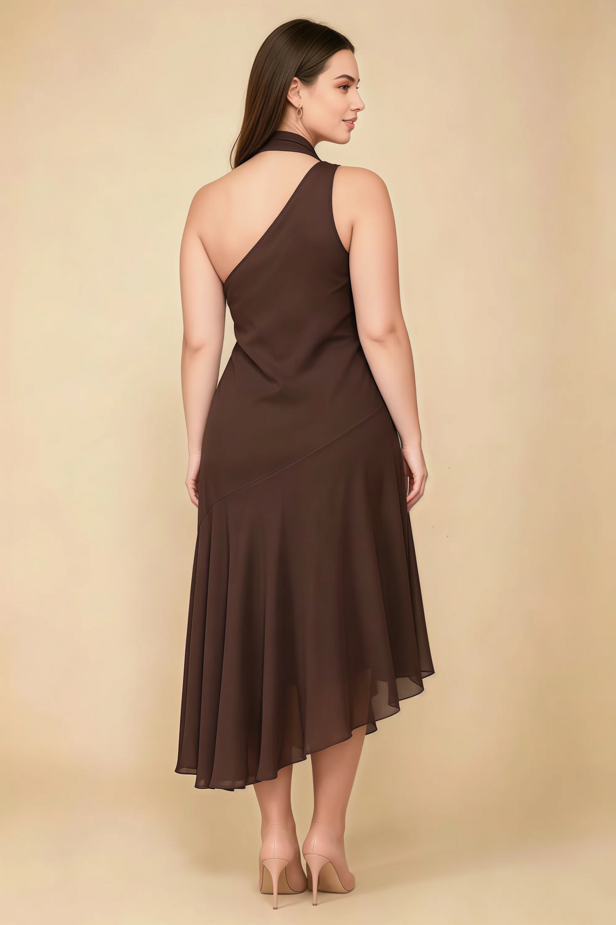 Alma Chocolate Chiffon One Shoulder Midi Dress with Scarf