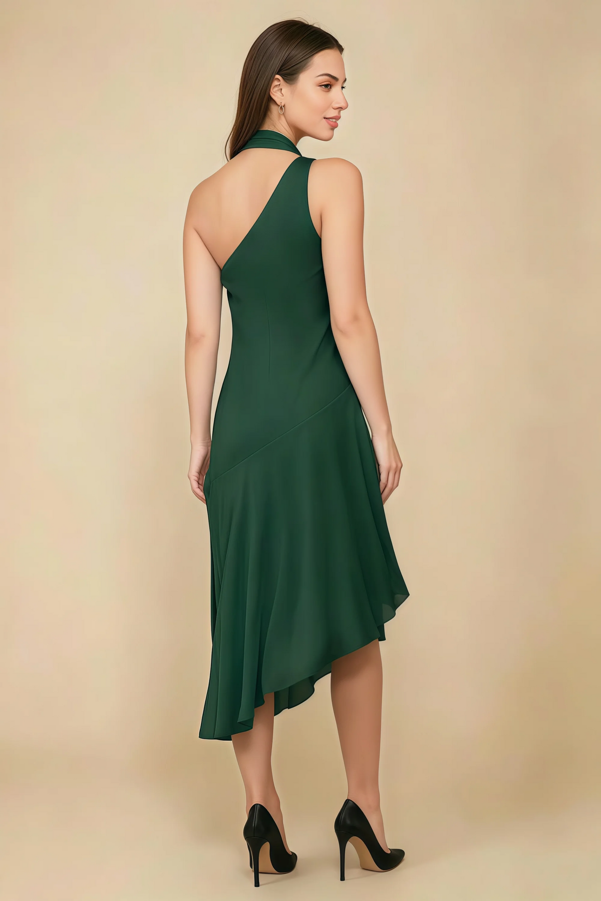 Alma Dark Green Chiffon One Shoulder Midi Dress with Scarf