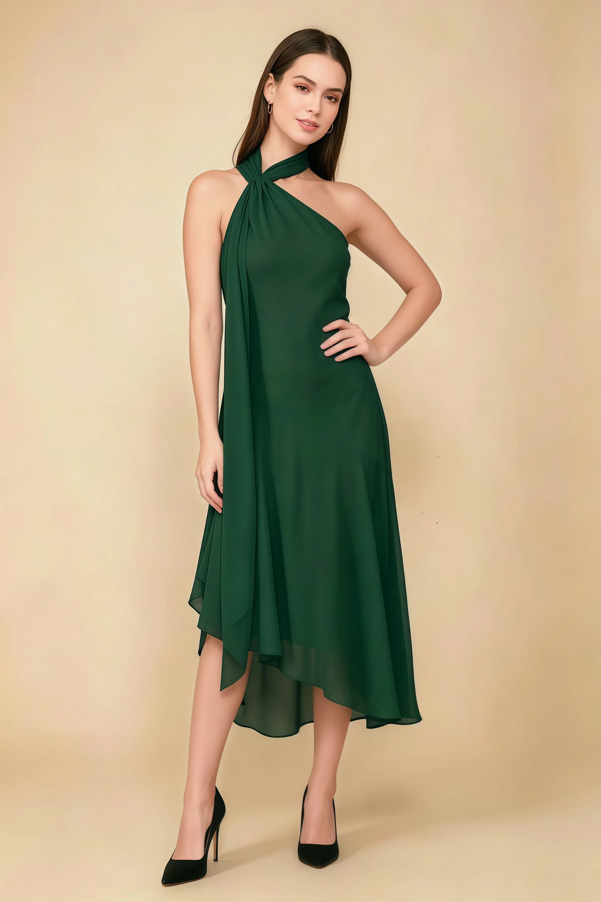 Alma Dark Green Chiffon One Shoulder Midi Dress with Scarf