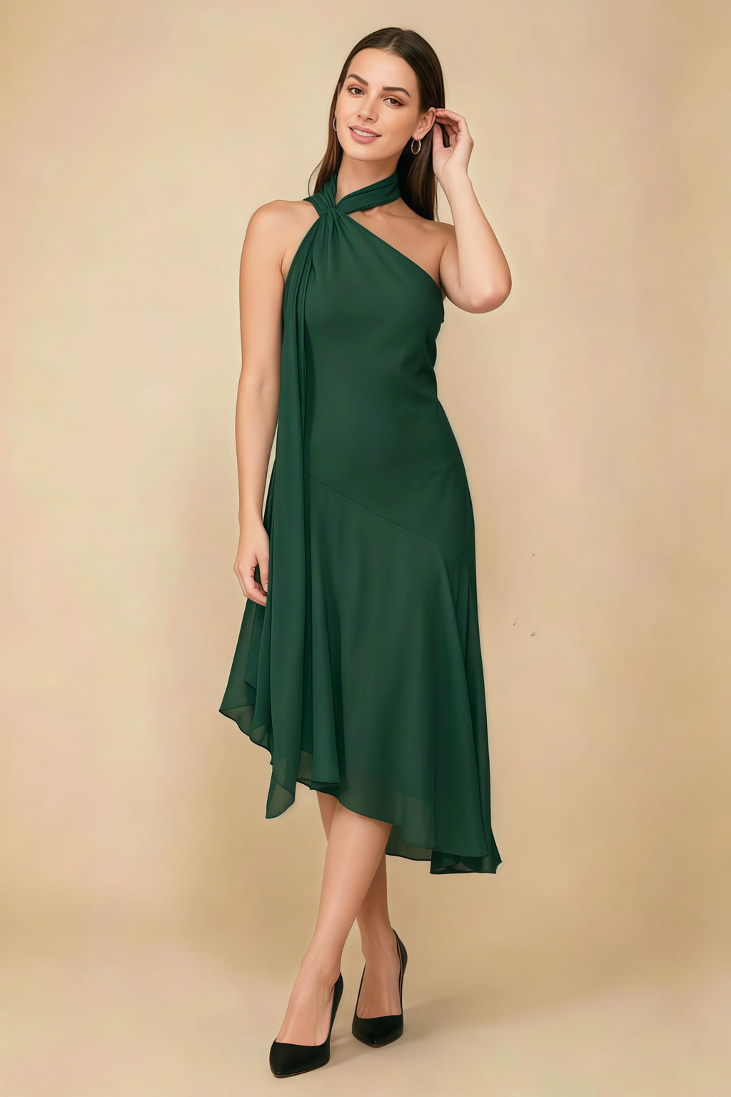 Alma Dark Green Chiffon One Shoulder Midi Dress with Scarf