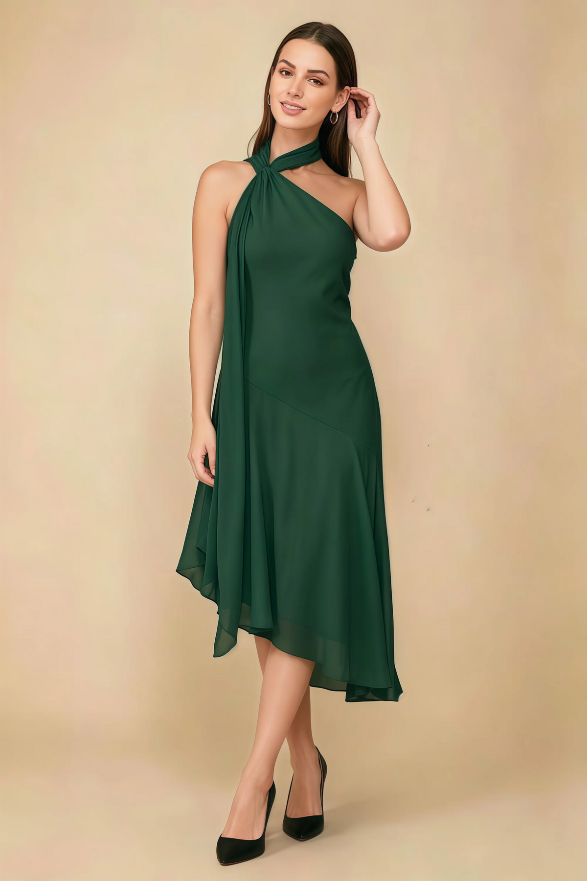 Alma Dark Green Chiffon One Shoulder Midi Dress with Scarf