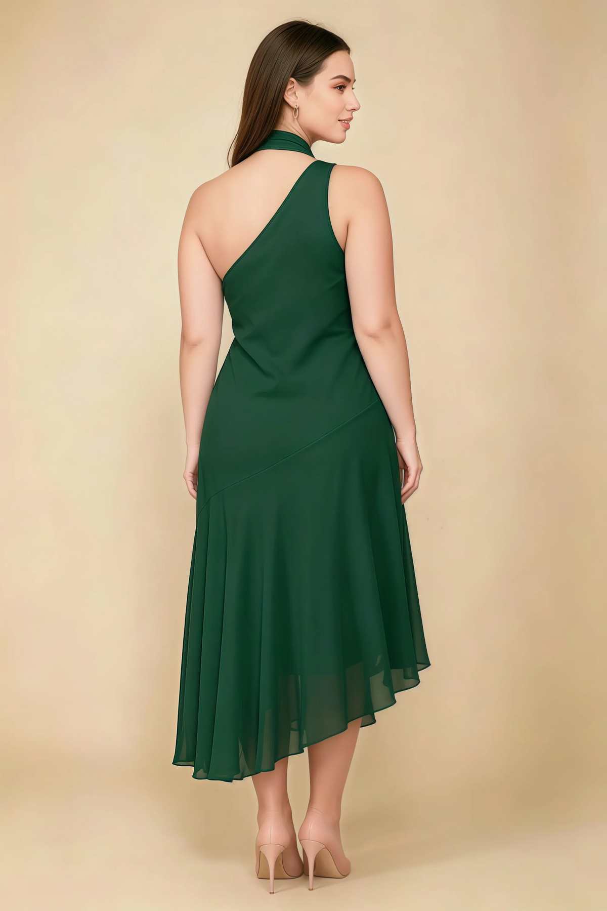 Alma Dark Green Chiffon One Shoulder Midi Dress with Scarf