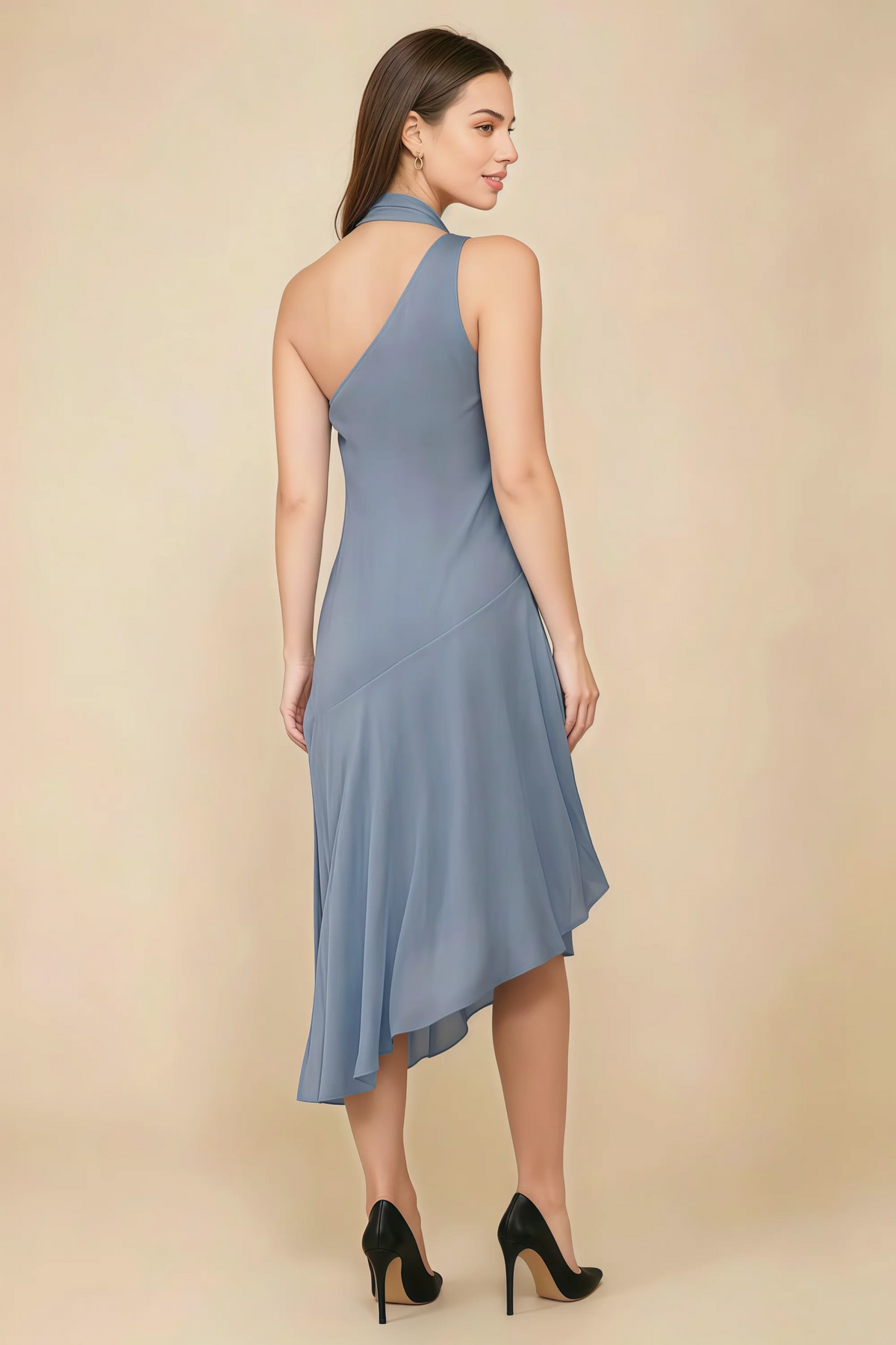 Alma Dusty Blue Chiffon One Shoulder Midi Dress with Scarf