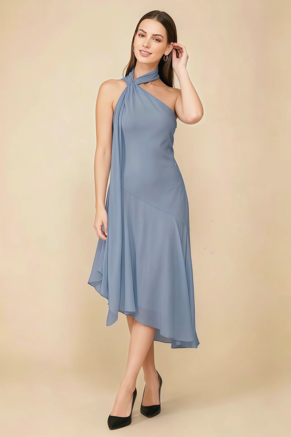Alma Dusty Blue Chiffon One Shoulder Midi Dress with Scarf