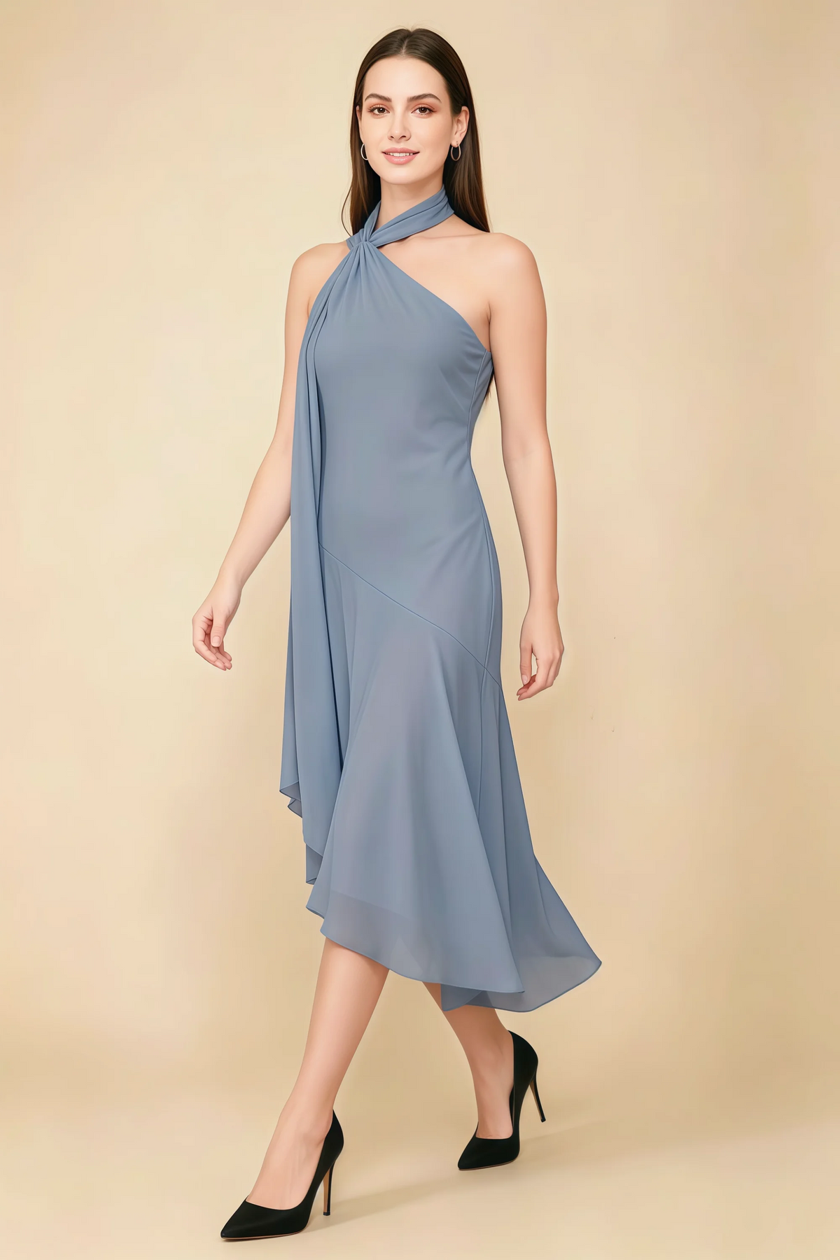 Alma Dusty Blue Chiffon One Shoulder Midi Dress with Scarf