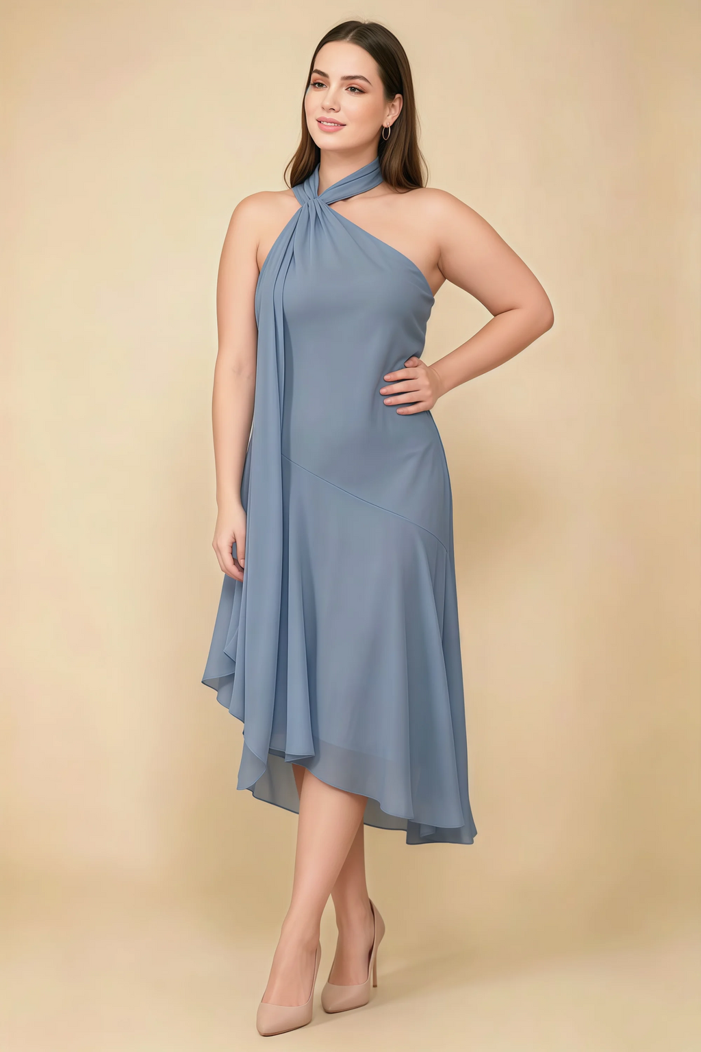 Alma Dusty Blue Chiffon One Shoulder Midi Dress with Scarf